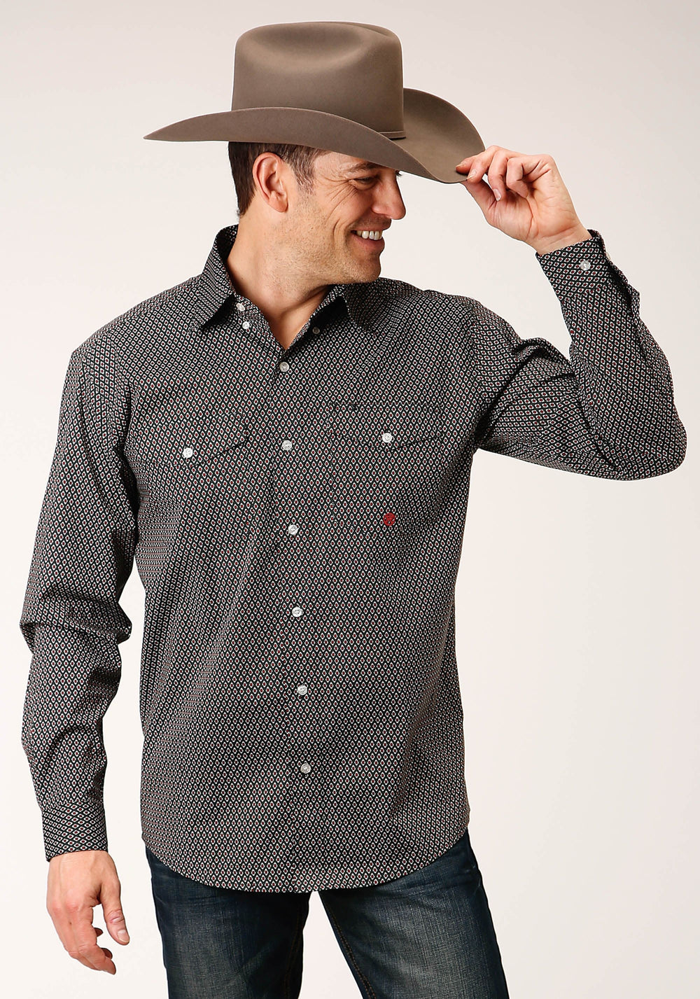 Roper Mens Long Sleeve Button Diamond Neat Olive Western Shirt - Roper