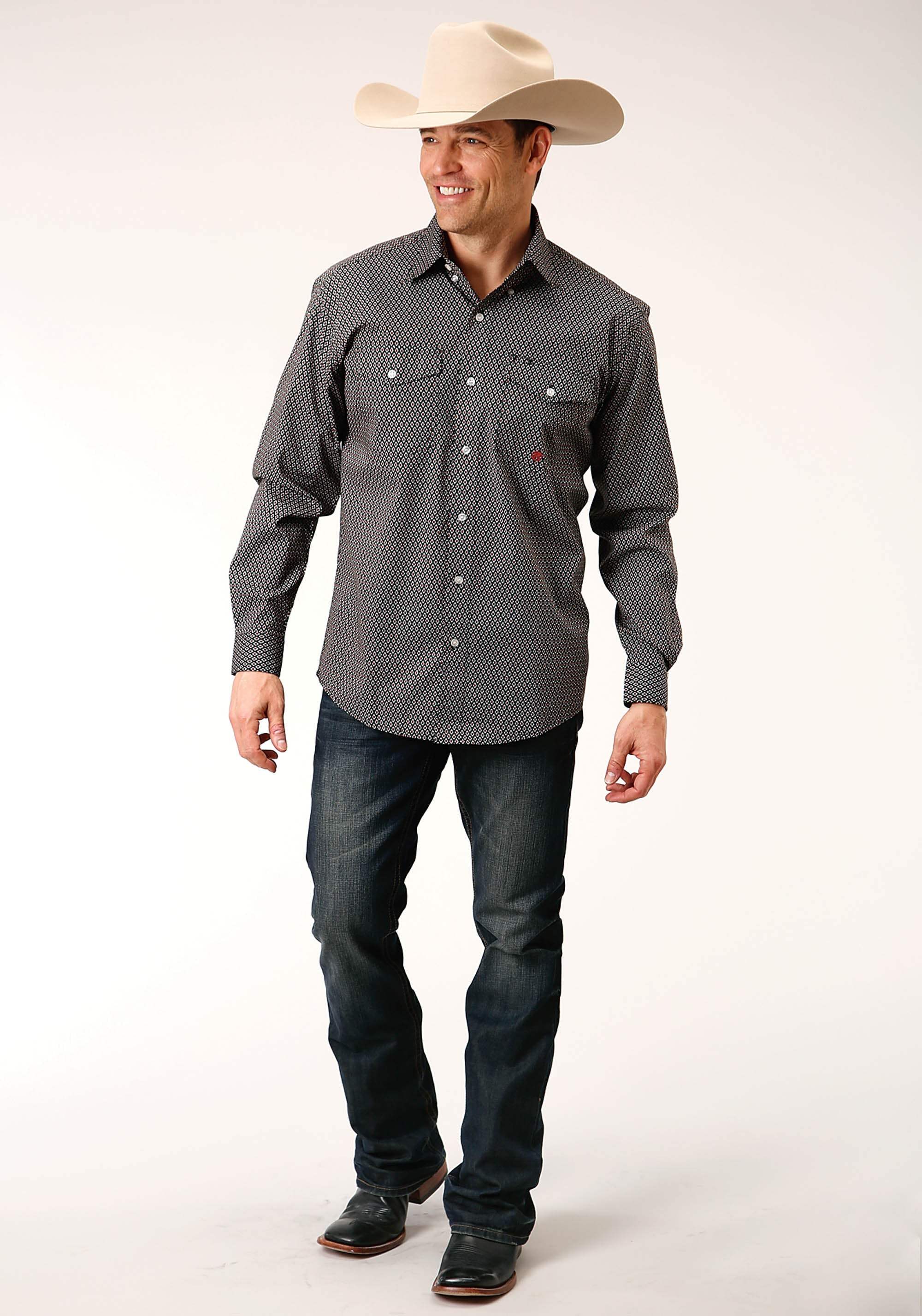Roper Mens Long Sleeve Button Diamond Neat Olive Western Shirt - Roper - Flyclothing LLC