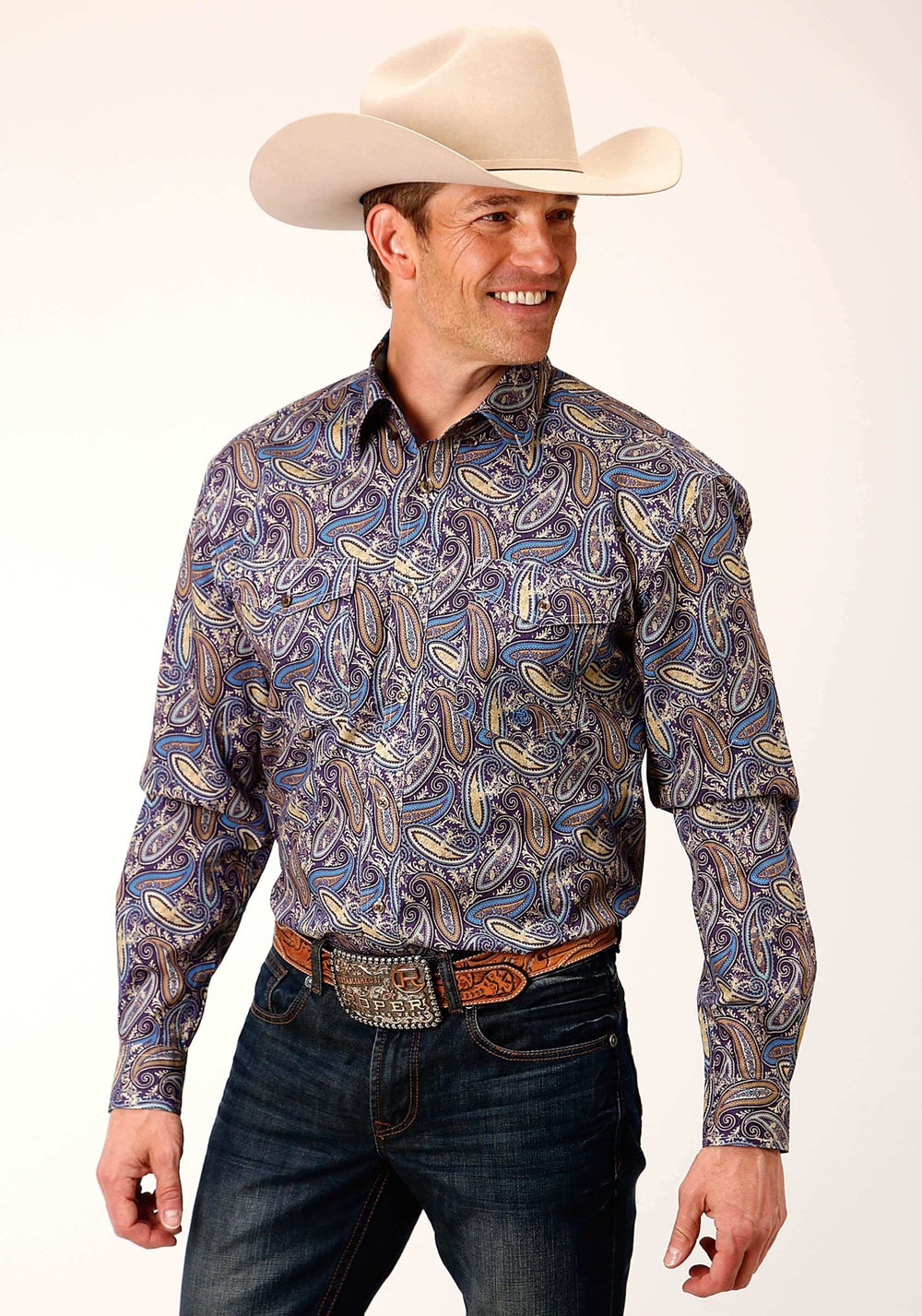 Roper Mens Long Sleeve Button Royal Paisley Western Shirt - Roper