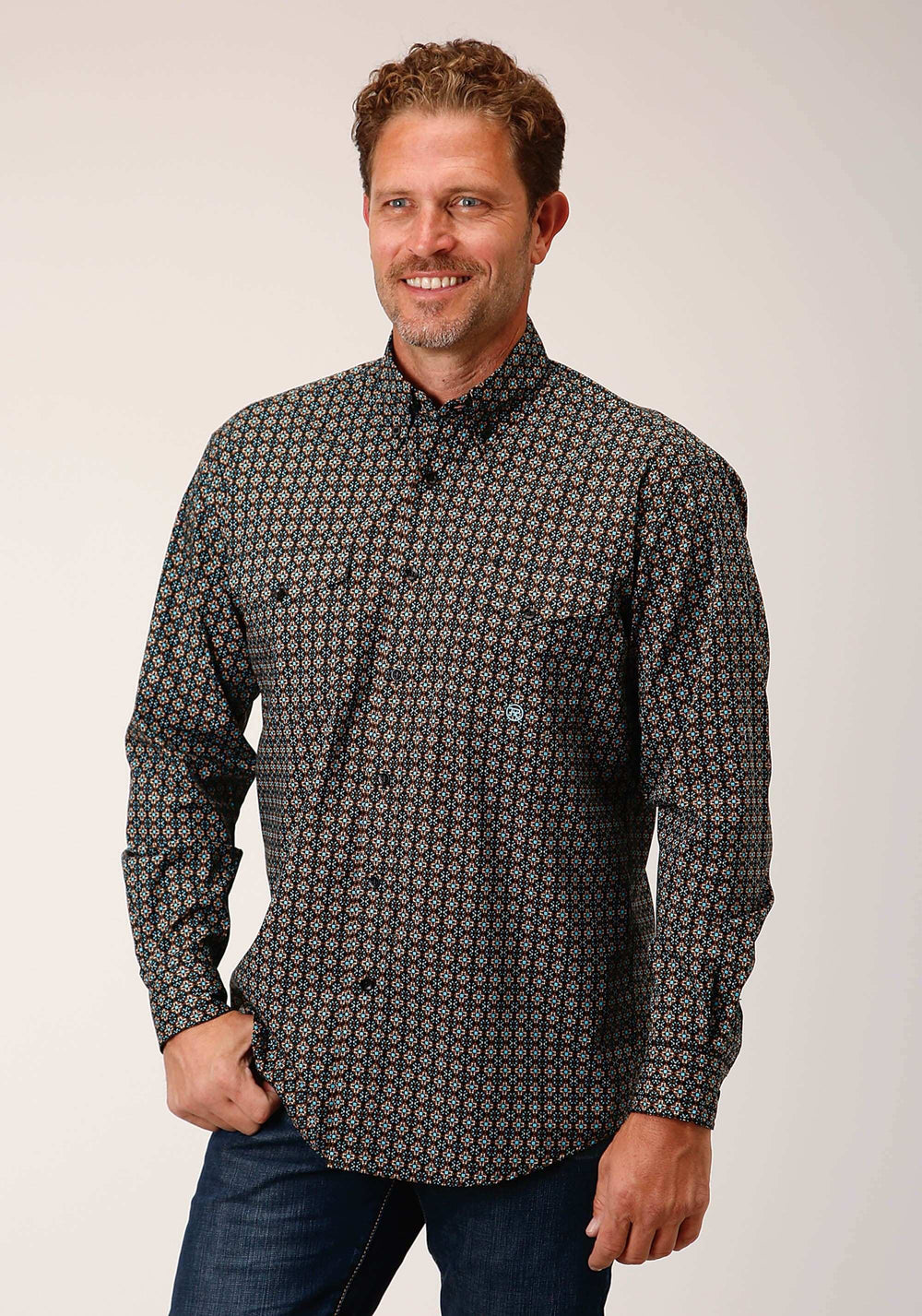 Roper Mens Long Sleeve Button Wild West Foulard Western Shirt - Roper