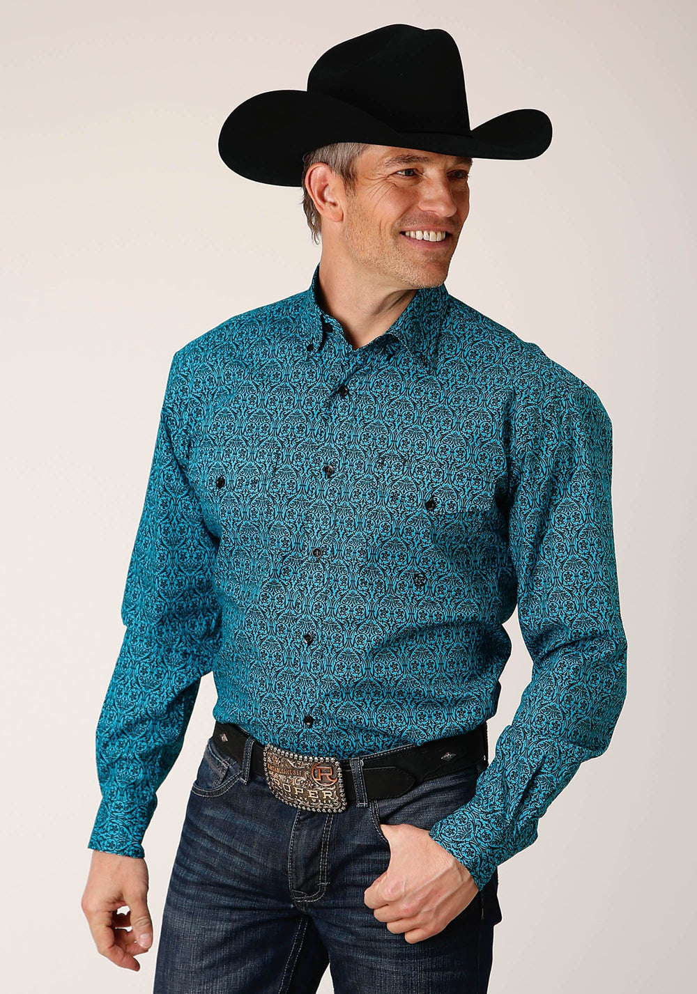 Roper Mens Long Sleeve Button Vintage Teal Print Western Shirt - Roper
