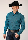 Roper Mens Long Sleeve Button Vintage Teal Print Western Shirt - Roper