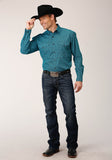 Roper Mens Long Sleeve Button Vintage Teal Print Western Shirt - Roper