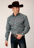 Roper Mens Long Sleeve Button Turquoise Mine Paisley Western Shirt - Roper