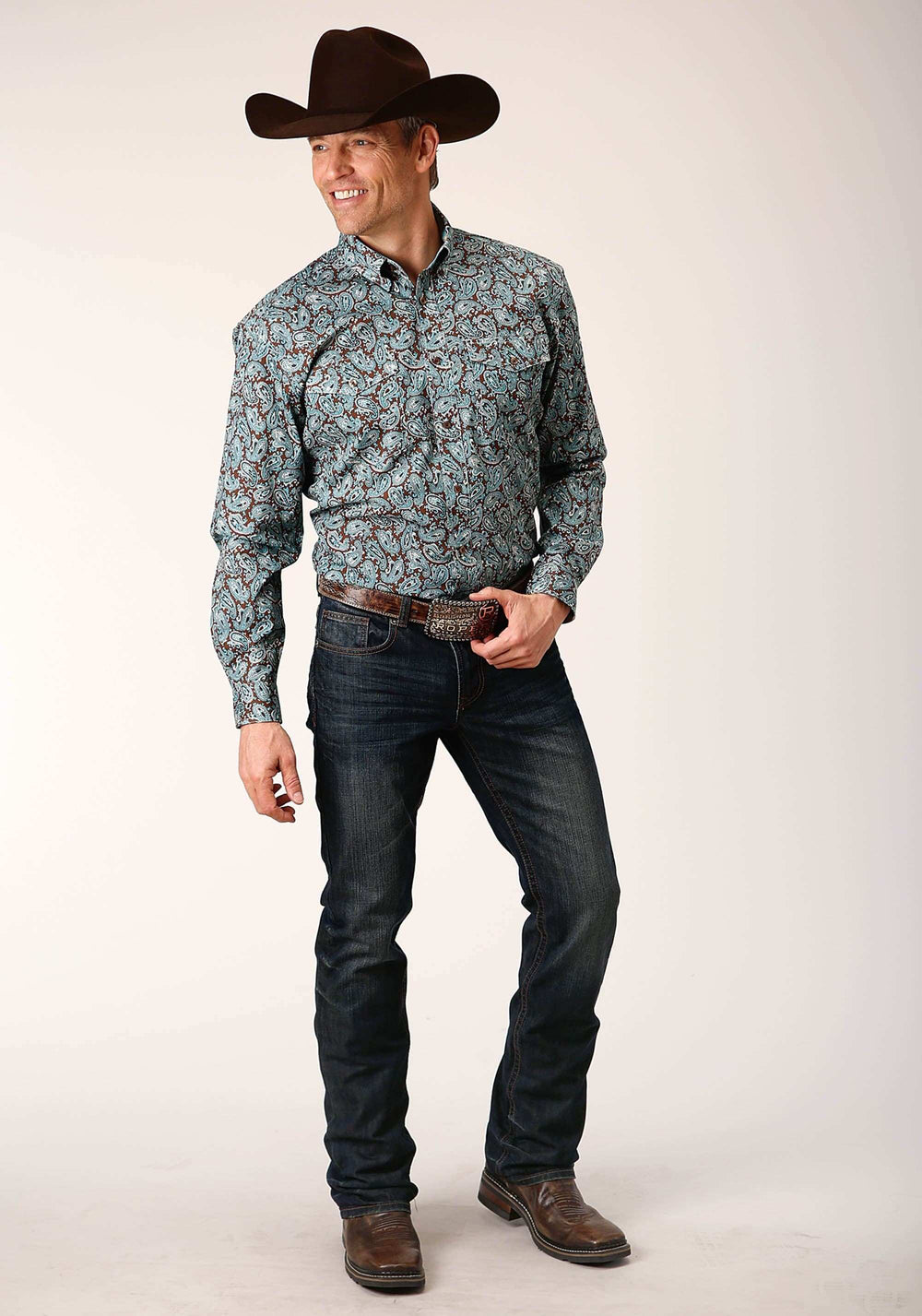 Roper Mens Long Sleeve Button Turquoise Mine Paisley Western Shirt - Roper - Flyclothing LLC