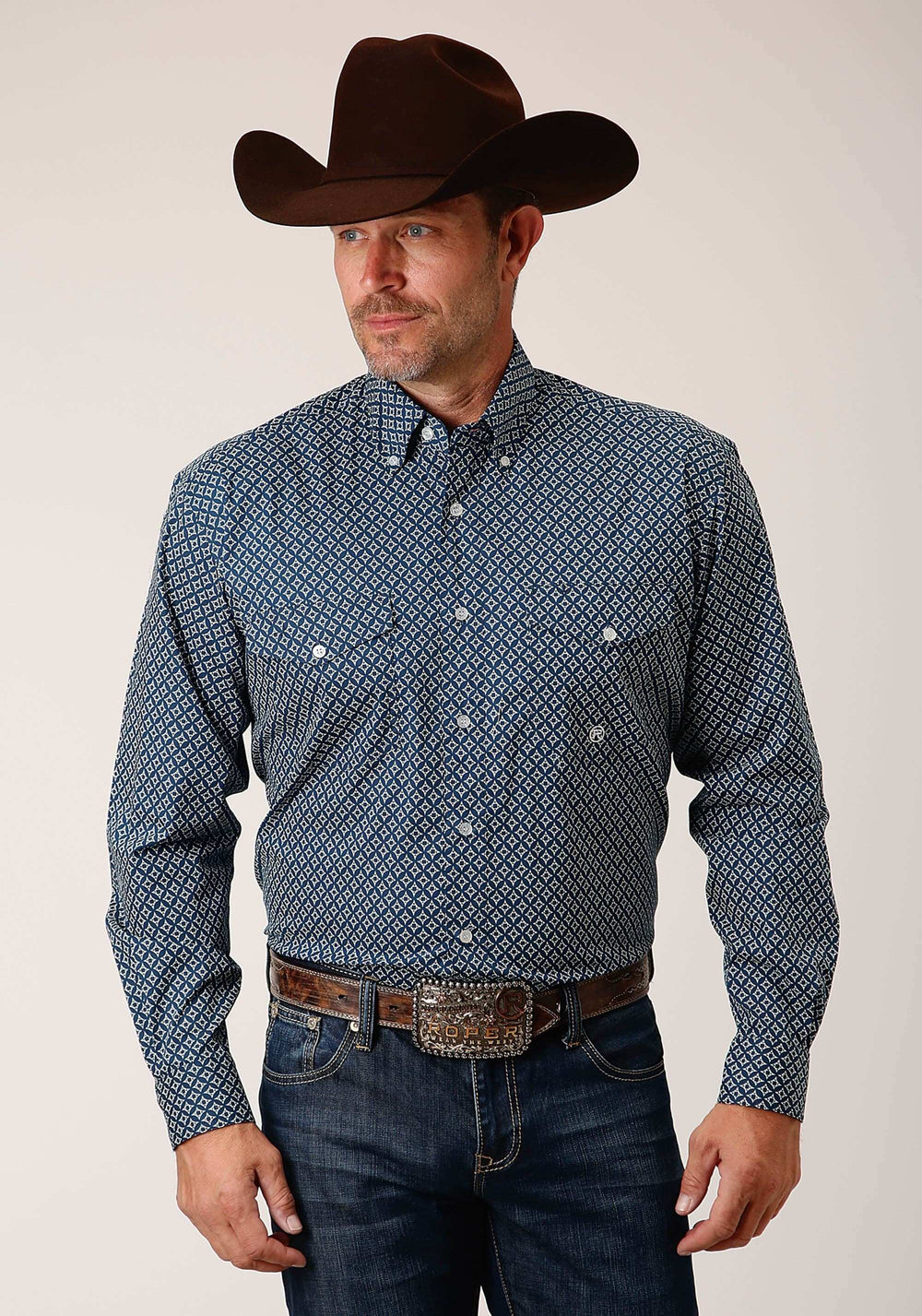 Roper Mens Long Sleeve Button Diamond Print Navy Western Shirt - Roper