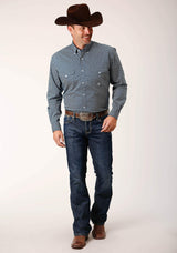 Roper Mens Long Sleeve Button Diamond Print Navy Western Shirt - Roper - Flyclothing LLC