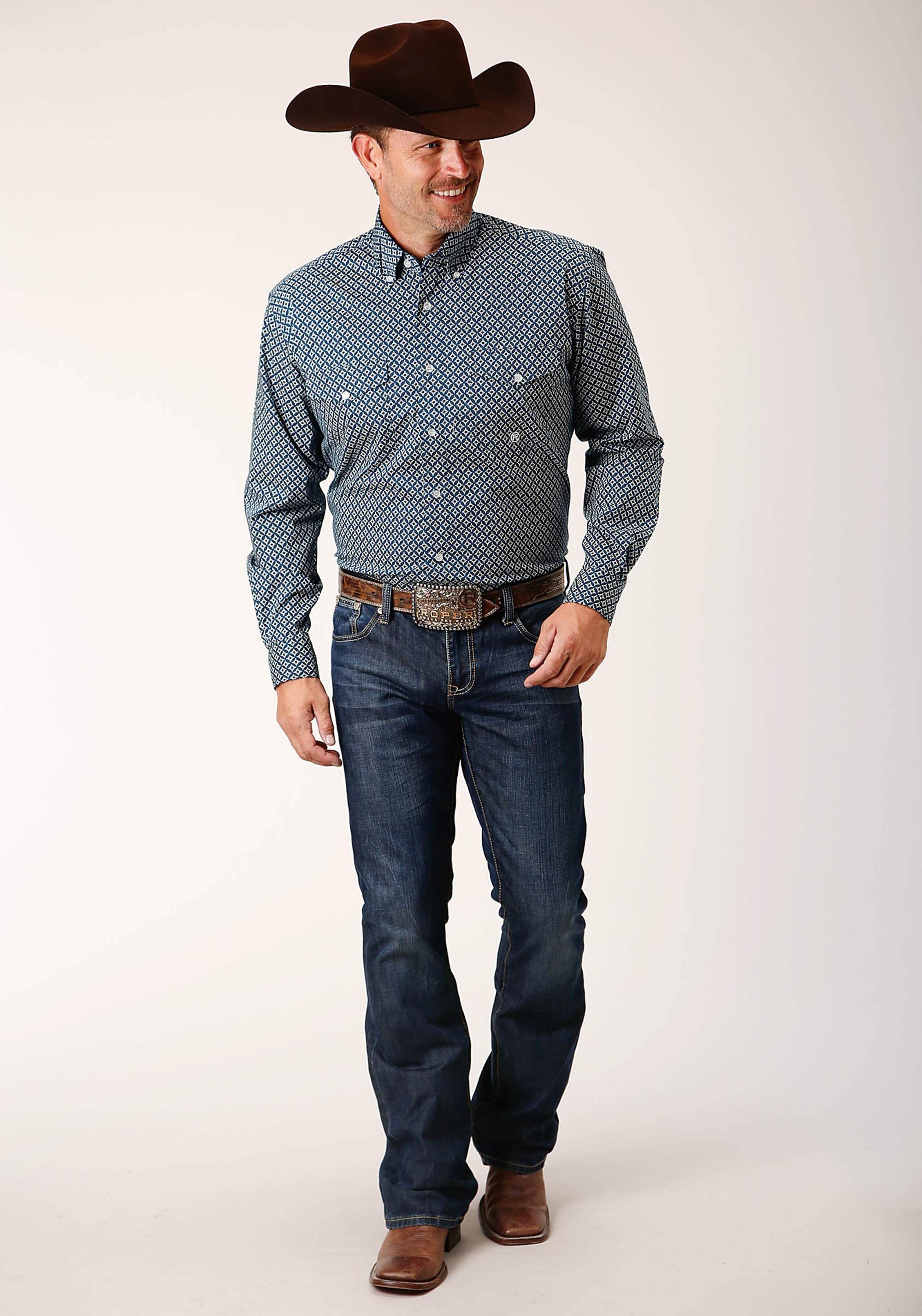 Roper Mens Long Sleeve Button Diamond Print Navy Western Shirt - Roper - Flyclothing LLC