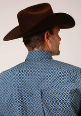 Roper Mens Long Sleeve Button Diamond Print Navy Western Shirt - Roper - Flyclothing LLC