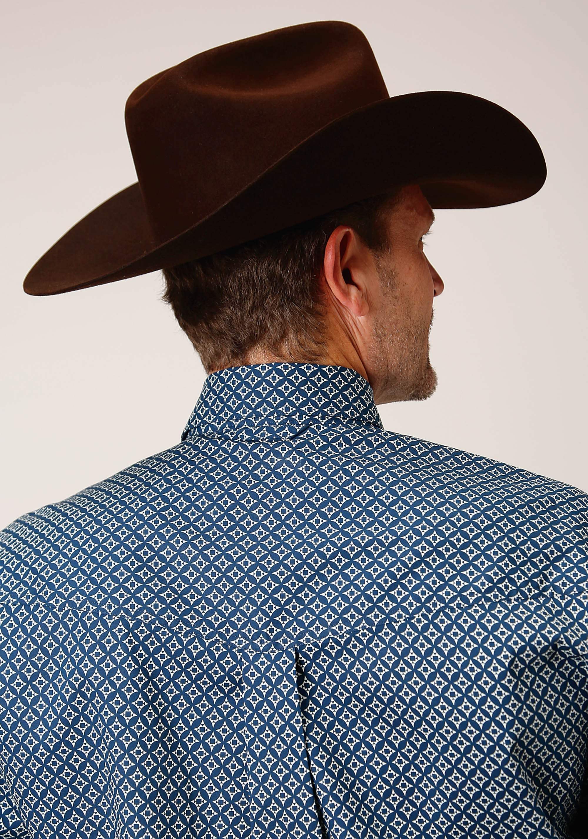 Roper Mens Long Sleeve Button Diamond Print Navy Western Shirt - Roper - Flyclothing LLC