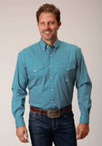 Roper Mens Long Sleeve Button Diamond Print Turquoise Western Shirt - Roper