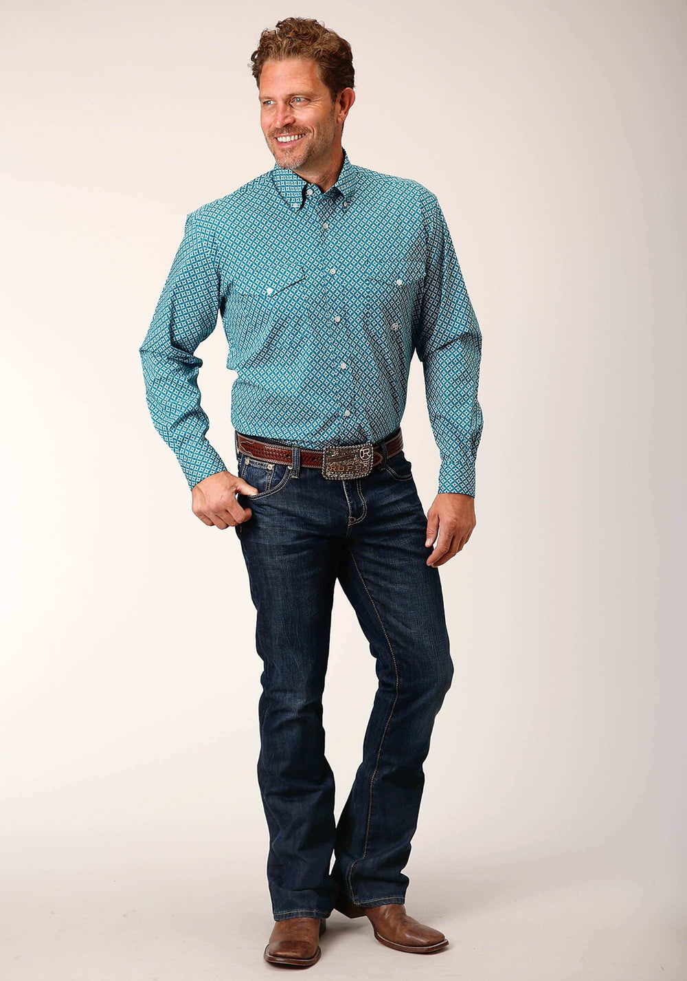Roper Mens Long Sleeve Button Diamond Print Turquoise Western Shirt - Roper - Flyclothing LLC