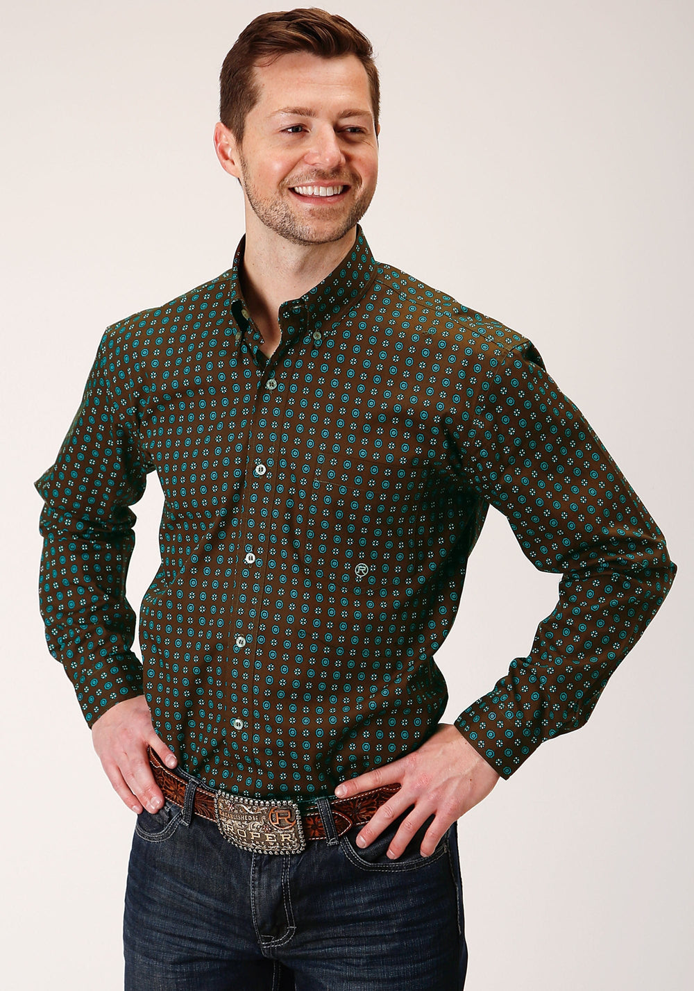 Roper Mens Long Sleeve Button Chocolate Agave Foulard Western Shirt - Roper