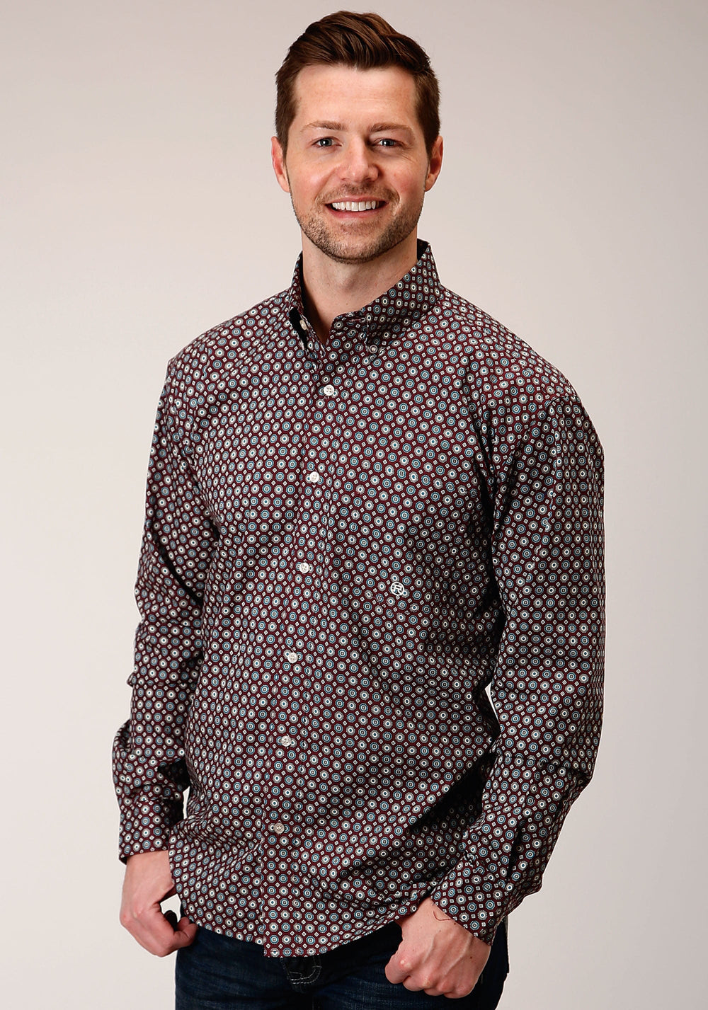 Roper Mens Long Sleeve Button Red Currant Foulard Western Shirt - Roper