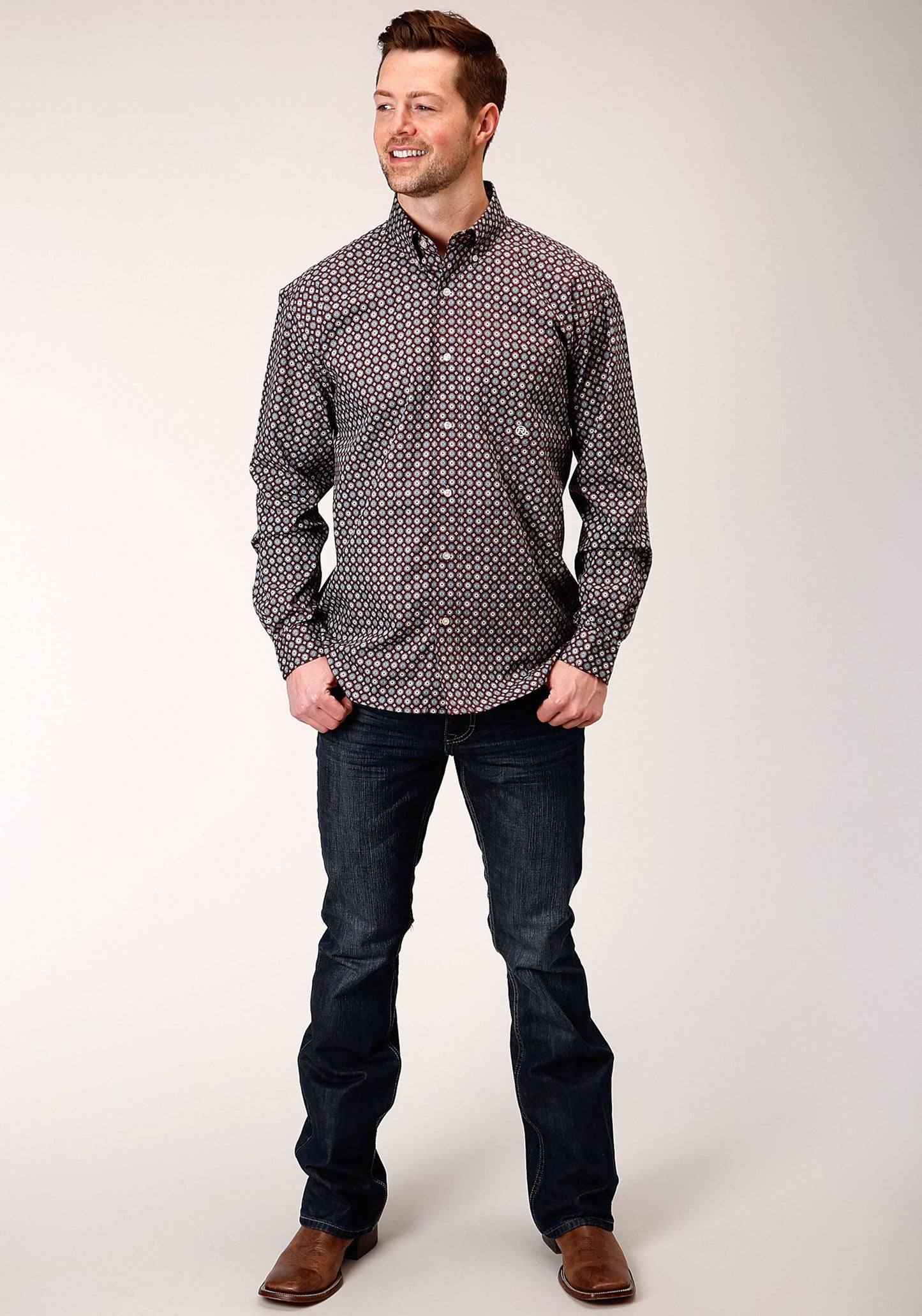 Roper Mens Long Sleeve Button Red Currant Foulard Western Shirt - Roper - Flyclothing LLC