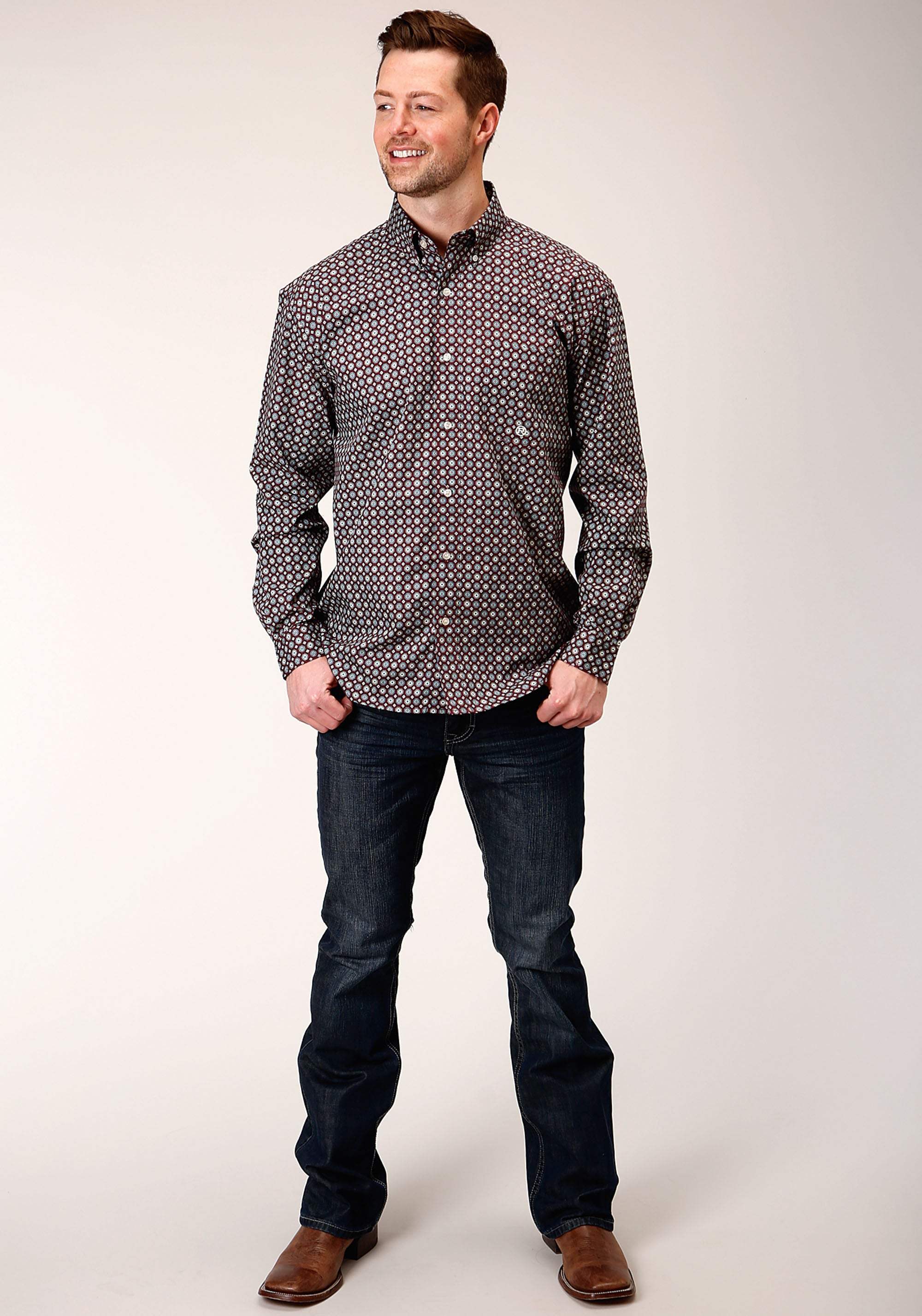 Roper Mens Long Sleeve Button Red Currant Foulard Western Shirt - Roper - Flyclothing LLC