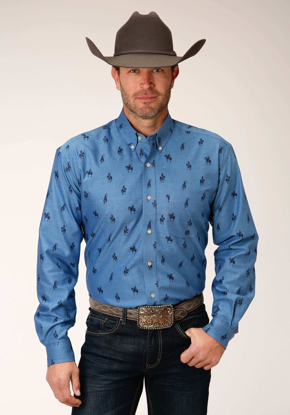 Roper Mens Long Sleeve Button Horseman Oxford Western Shirt - Roper