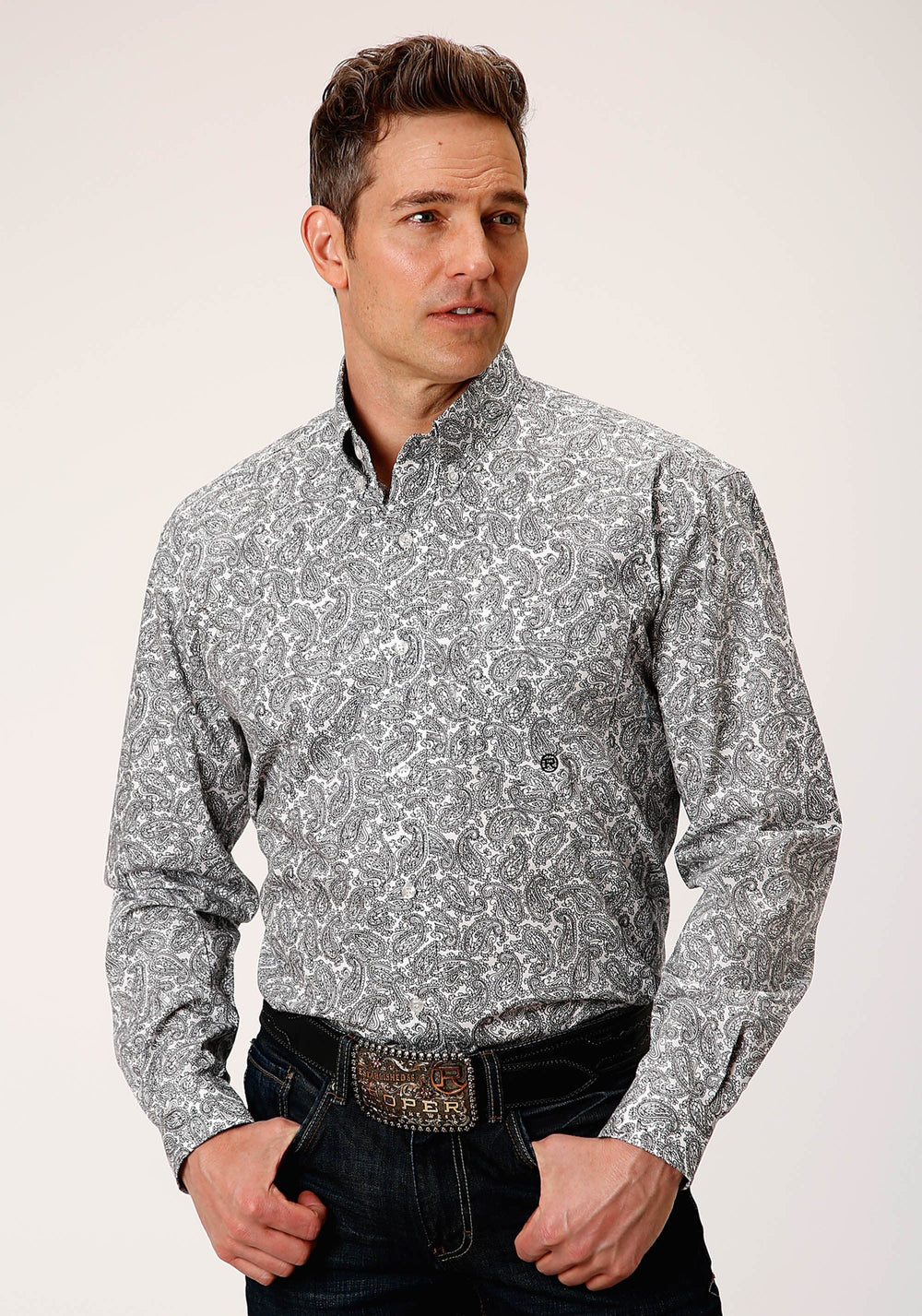 Roper Mens Long Sleeve Button Line Paisley Western Shirt - Roper