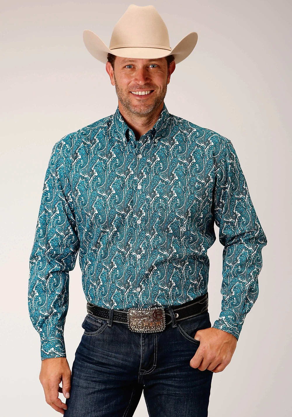 Roper Mens Long Sleeve Button Upstream Paisley Western Shirt - Roper