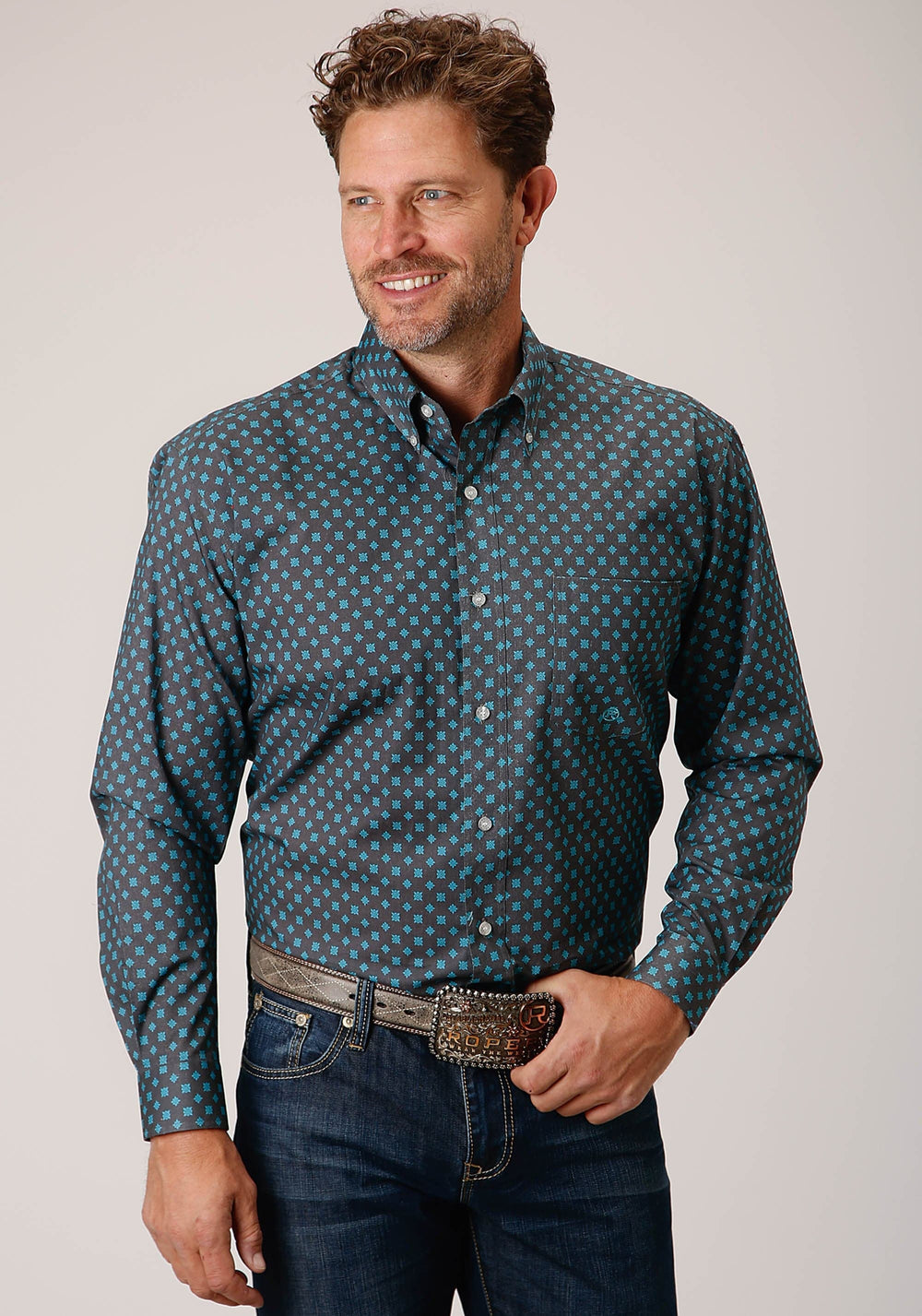 Roper Mens Long Sleeve Button Grey Cottage Foulard Western Shirt - Roper