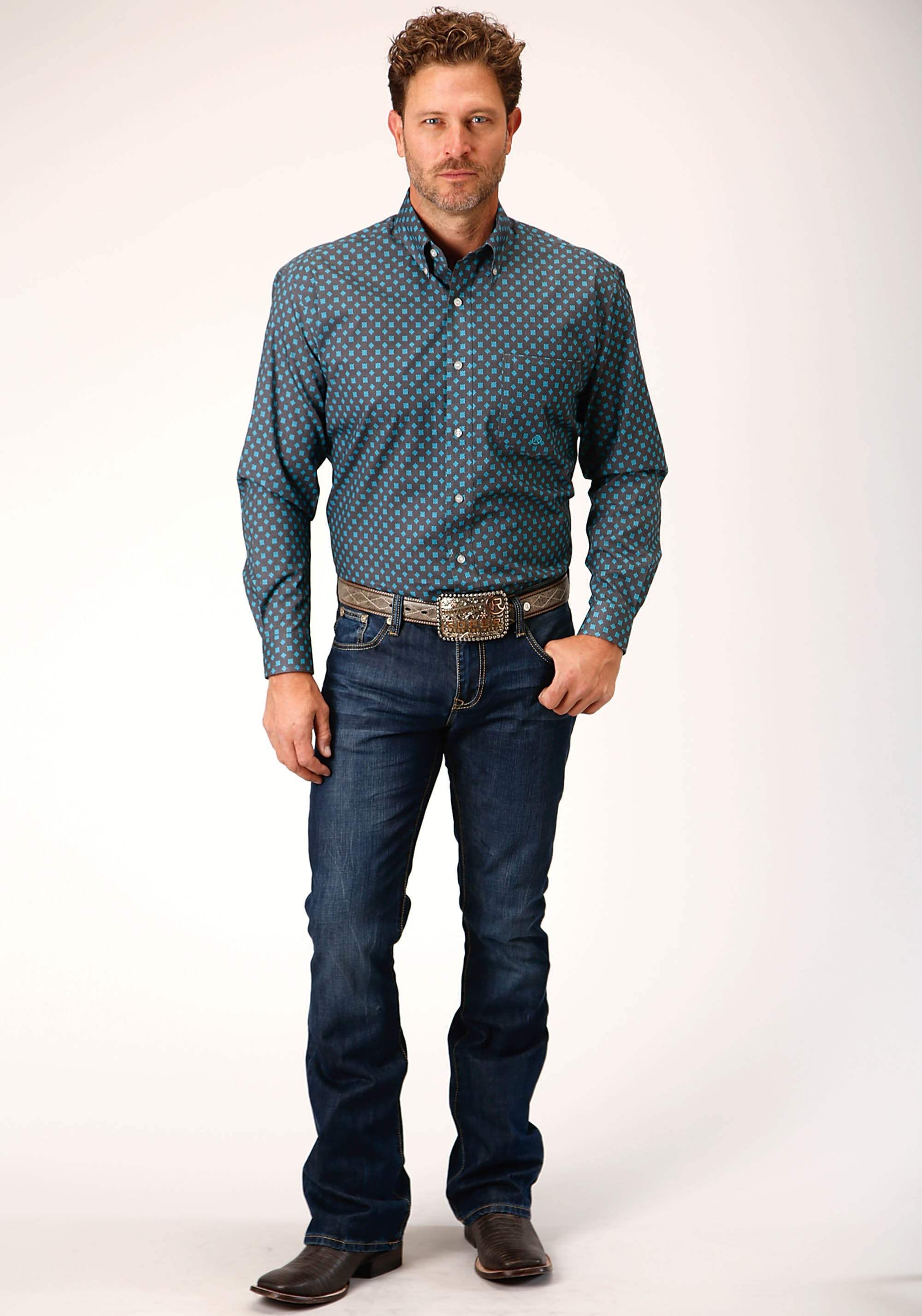 Roper Mens Long Sleeve Button Grey Cottage Foulard Western Shirt - Roper - Flyclothing LLC