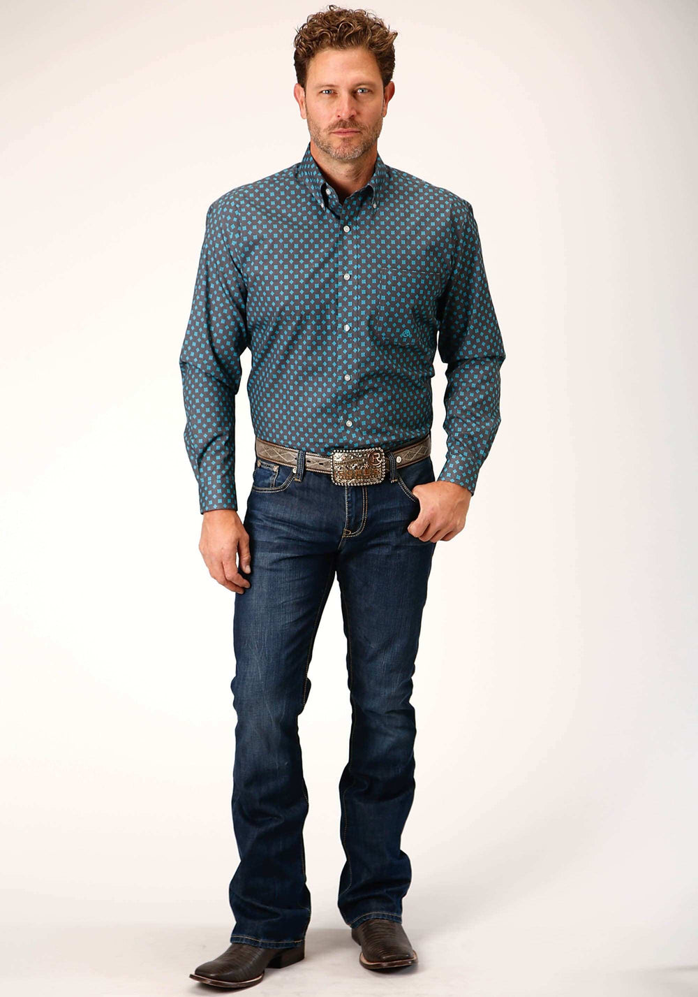 Roper Mens Long Sleeve Button Grey Cottage Foulard Western Shirt - Roper - Flyclothing LLC