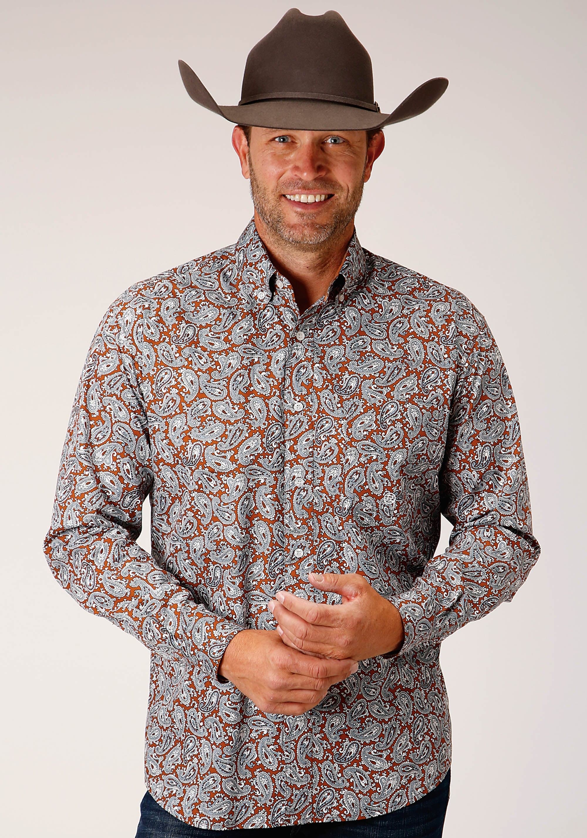 Roper Mens Long Sleeve Button Copper Spring Paisley Western Shirt - Roper