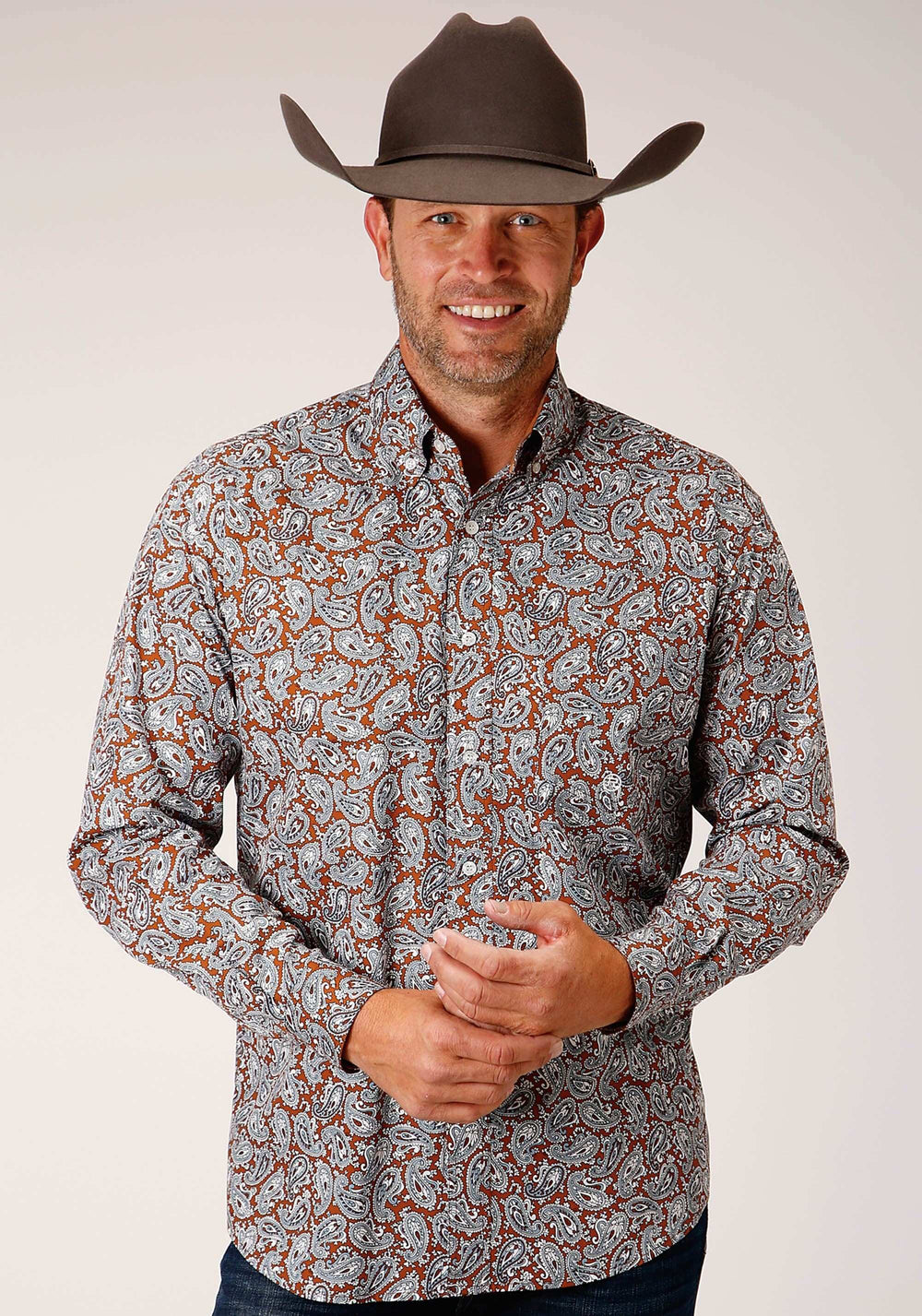 Roper Mens Long Sleeve Button Copper Spring Paisley Western Shirt - Roper