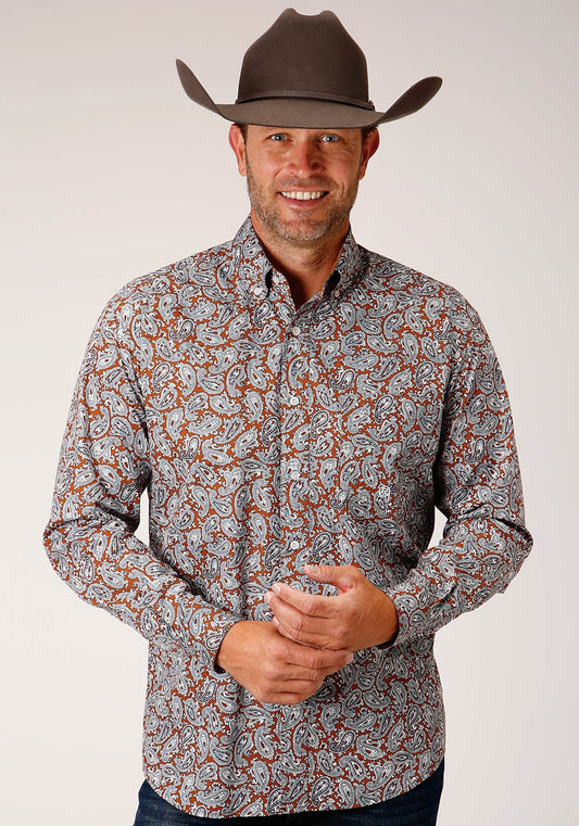 Roper Mens Long Sleeve Button Copper Spring Paisley Western Shirt - Roper