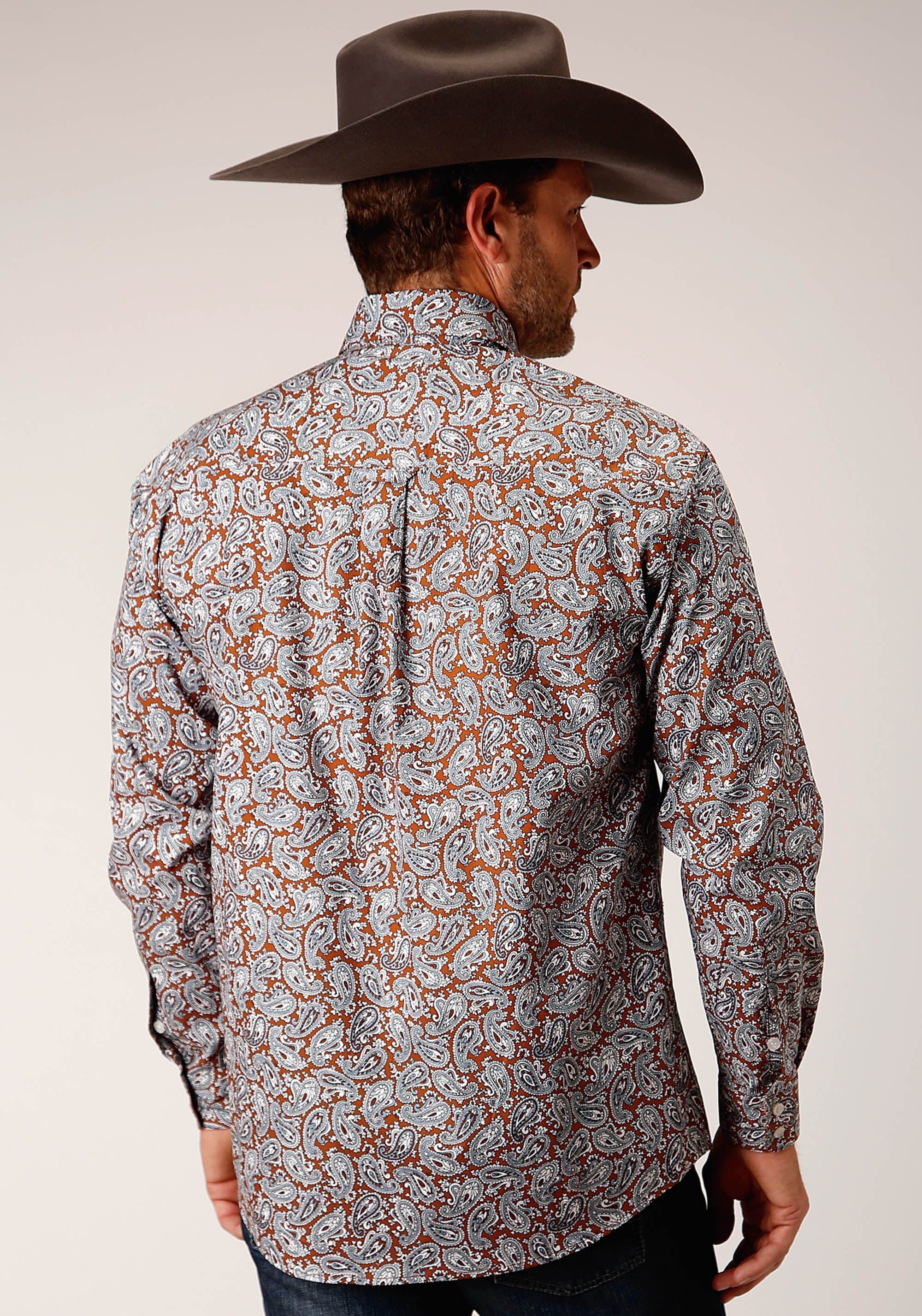 Roper Mens Long Sleeve Button Copper Spring Paisley Western Shirt - Roper
