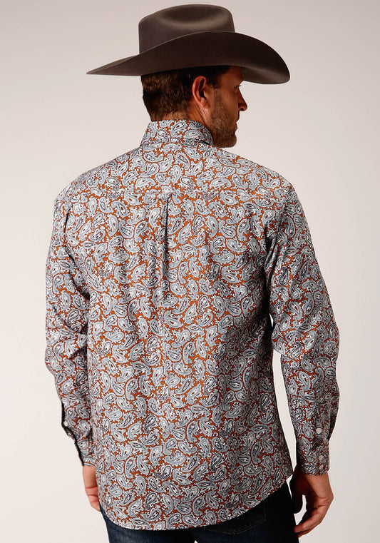Roper Mens Long Sleeve Button Copper Spring Paisley Western Shirt