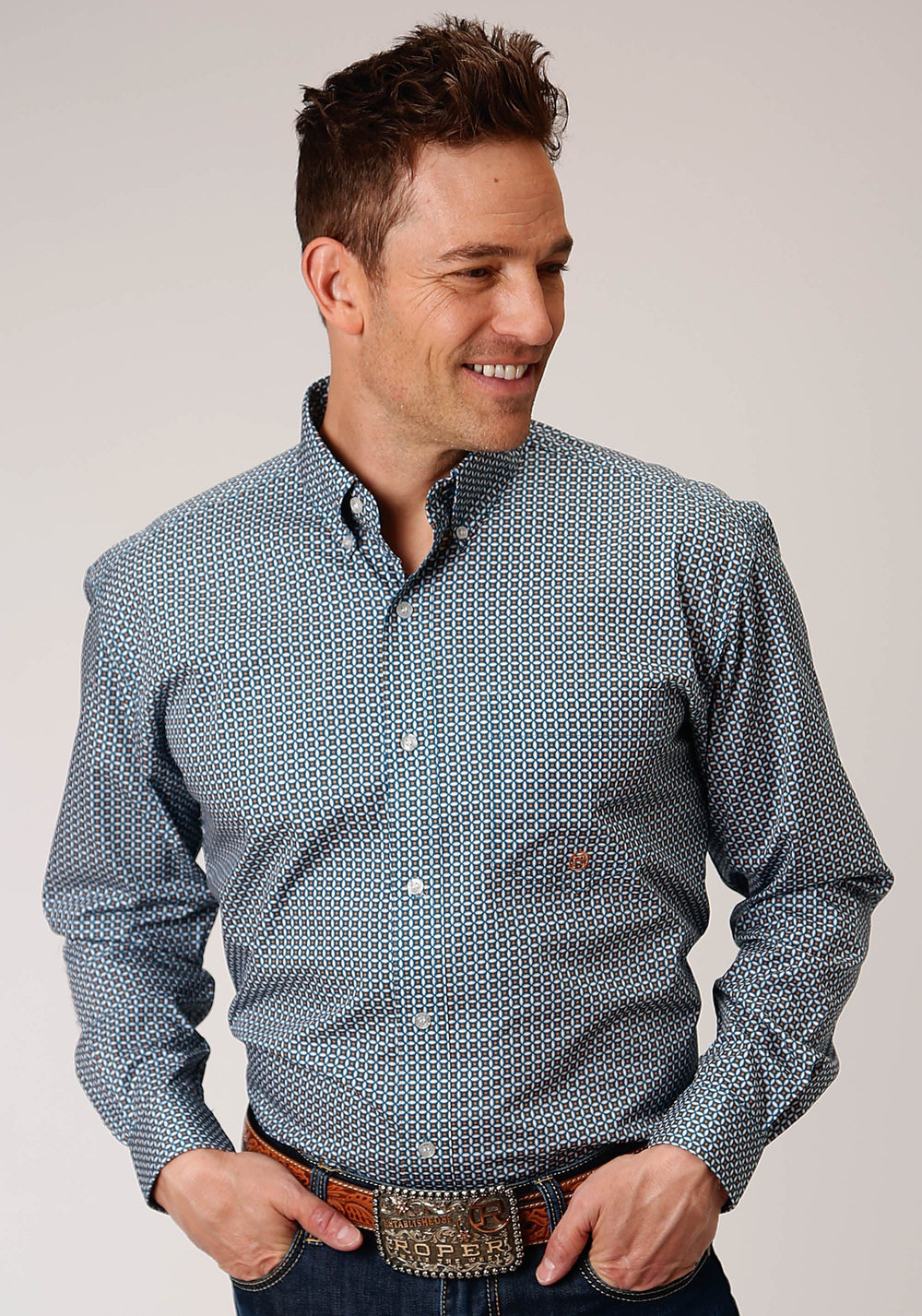 Roper Mens Long Sleeve Button Blue Geo Western Shirt - Roper