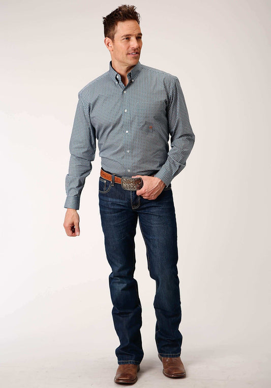 Roper Mens Long Sleeve Button Blue Geo Western Shirt - Roper - Flyclothing LLC
