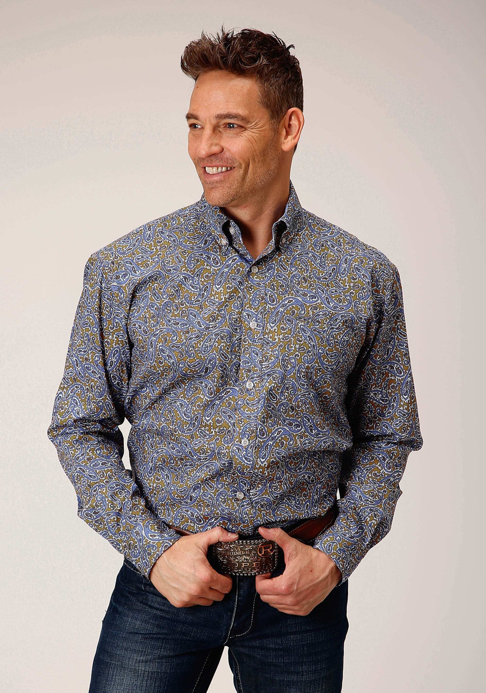 Roper Mens Long Sleeve Button Valley Paisley Western Shirt - Roper