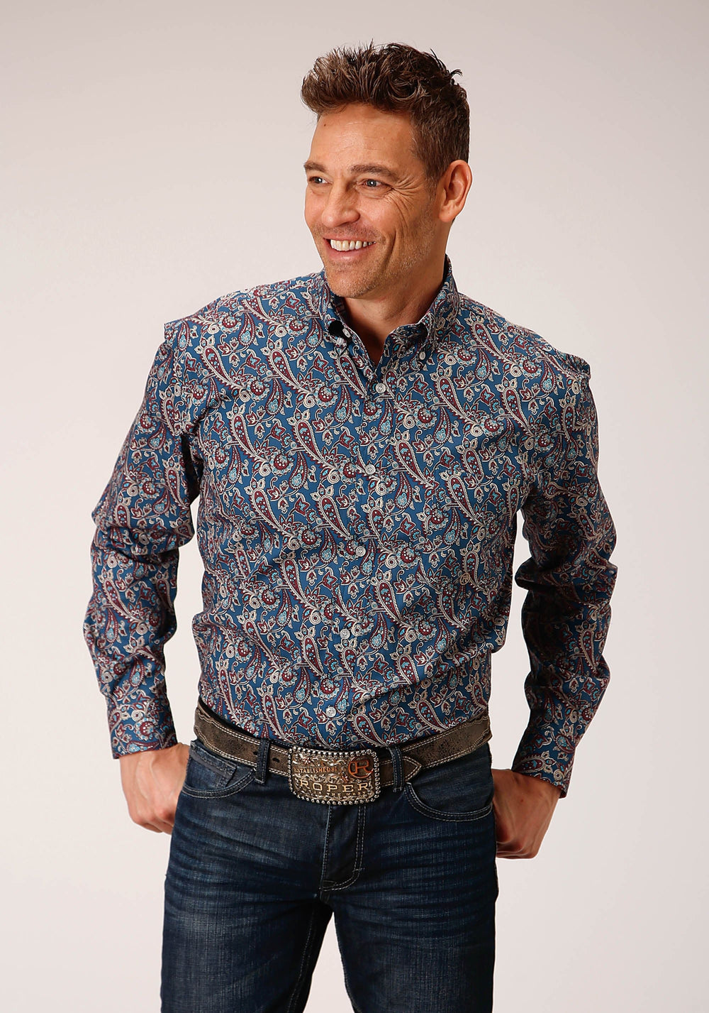 Roper Mens Long Sleeve Button Independence Foulard Western Shirt - Roper