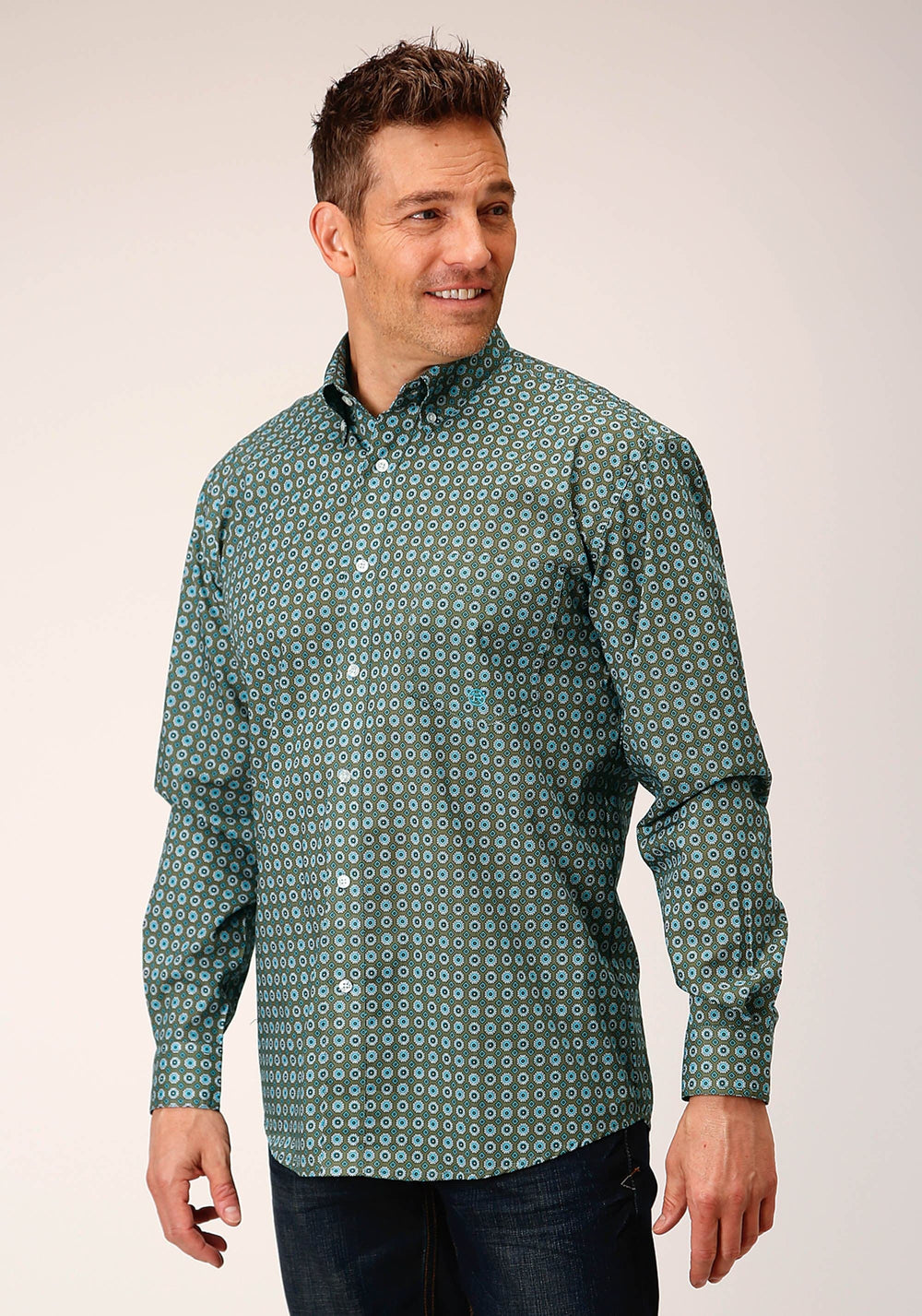 Roper Mens Long Sleeve Button Olive Foulard Western Shirt - Roper