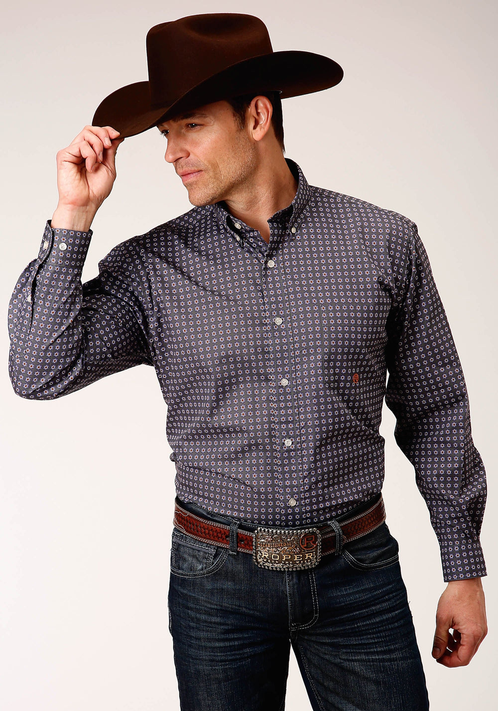 Roper Mens Long Sleeve Button Plum Foulard Western Shirt - Roper