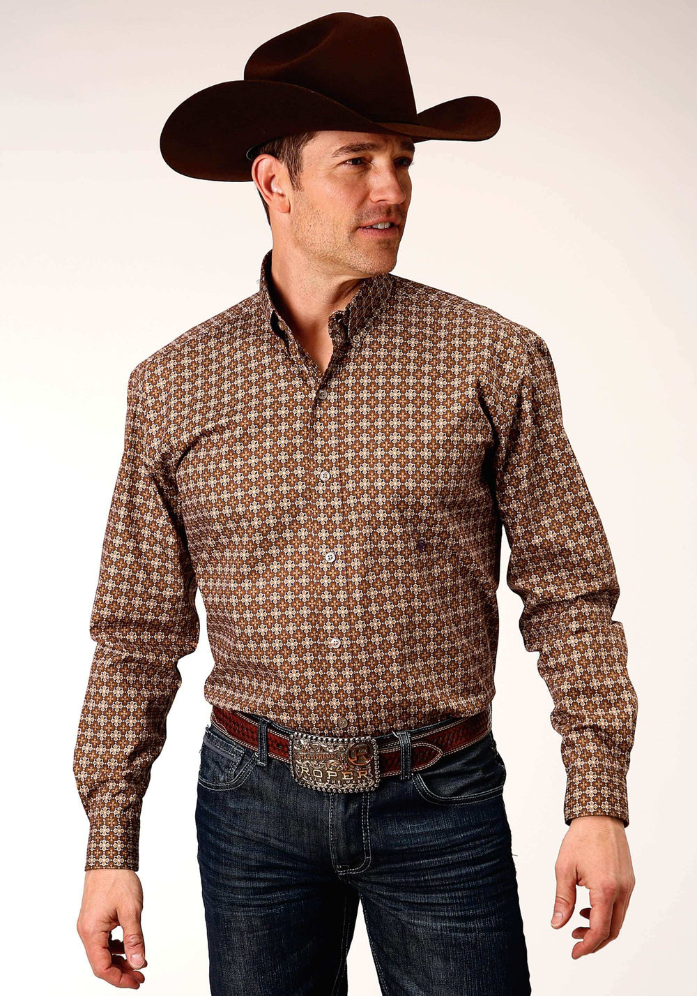 Roper Mens Long Sleeve Button Cinnamon Foulard Western Shirt - Roper