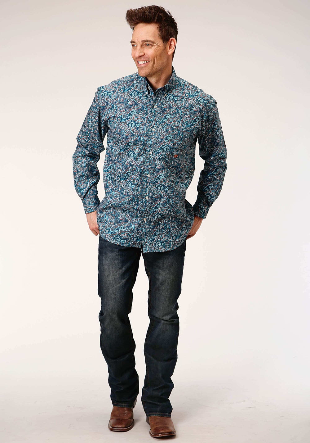 Roper Mens Long Sleeve Button Blue Canyon Paisley Western Shirt - Roper