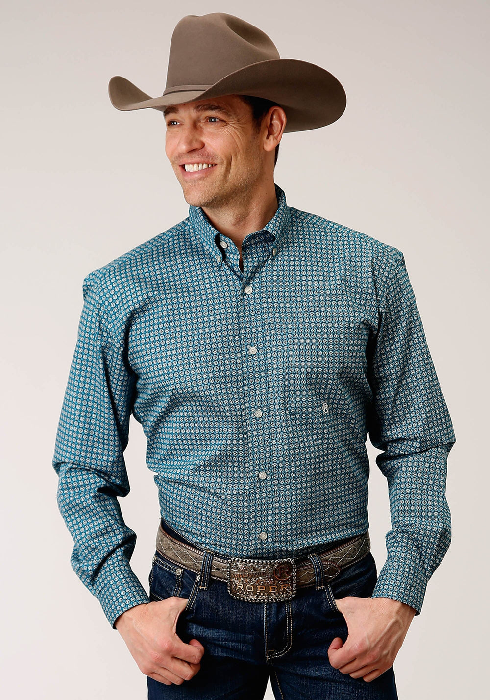 Roper Mens Long Sleeve Button Azure Neat Western Shirt - Roper