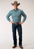 Roper Mens Long Sleeve Button Azure Neat Western Shirt - Roper