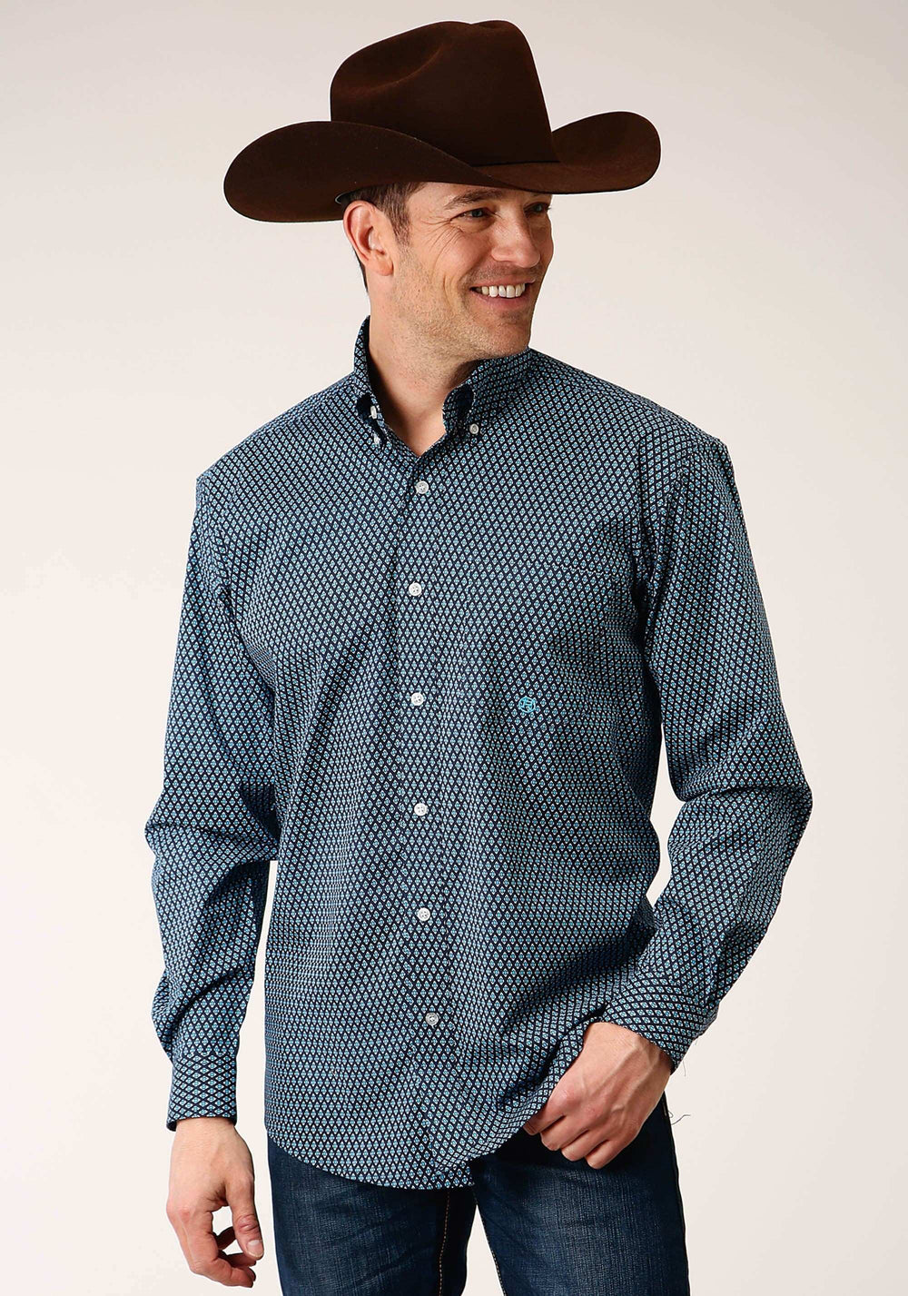 Roper Mens Long Sleeve Button Diamond Neat Navy Western Shirt - Roper