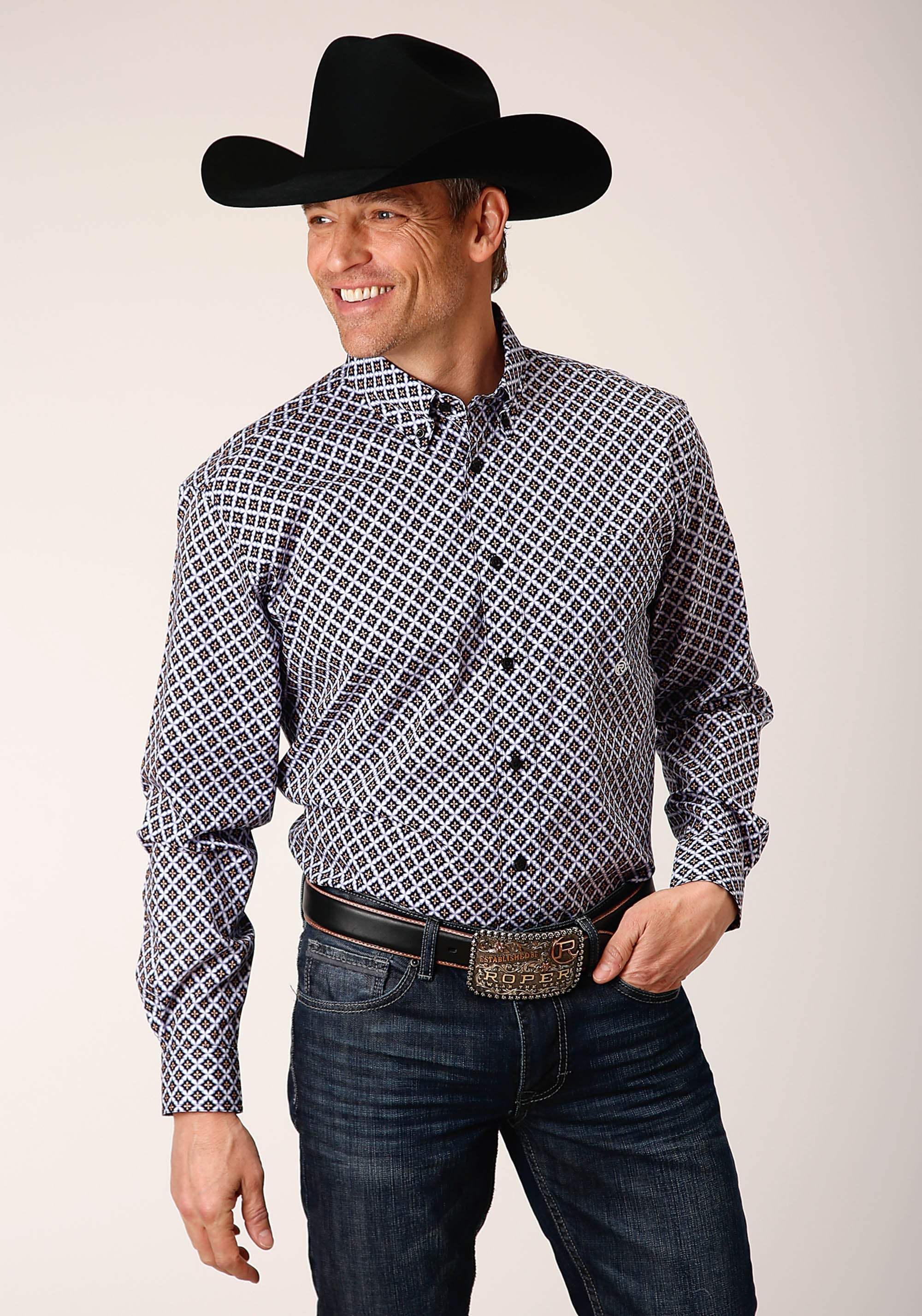 Roper Mens Long Sleeve Button Tile Pattern Foulard Western Shirt - Roper - Flyclothing LLC