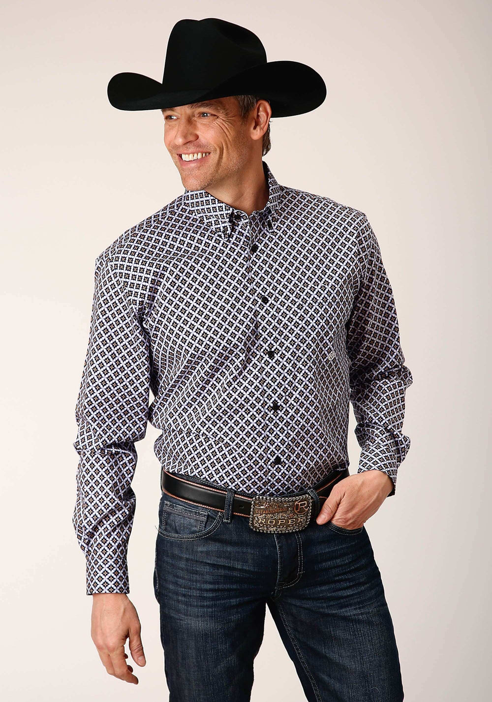 Roper Mens Long Sleeve Button Tile Pattern Foulard Western Shirt - Roper