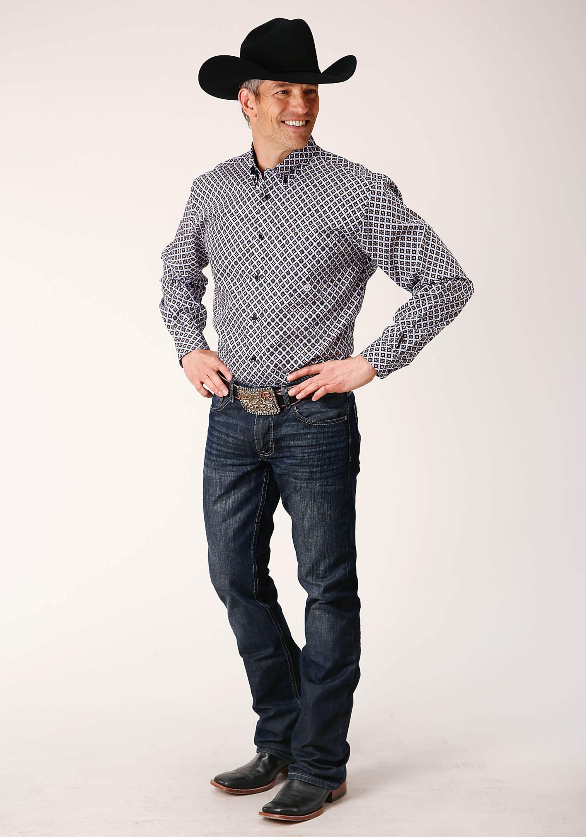 Roper Mens Long Sleeve Button Tile Pattern Foulard Western Shirt - Roper - Flyclothing LLC