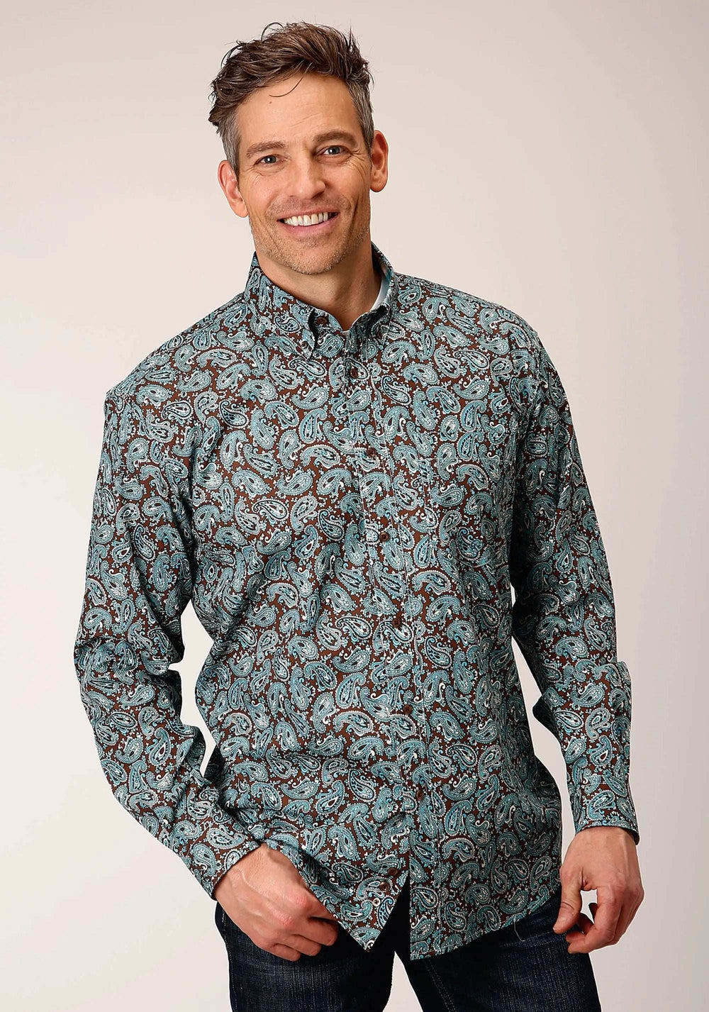 Roper Mens Long Sleeve Button Turquoise Mine Paisley Western Shirt - Roper