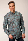 Roper Mens Long Sleeve Button Turquoise Mine Paisley Western Shirt - Roper