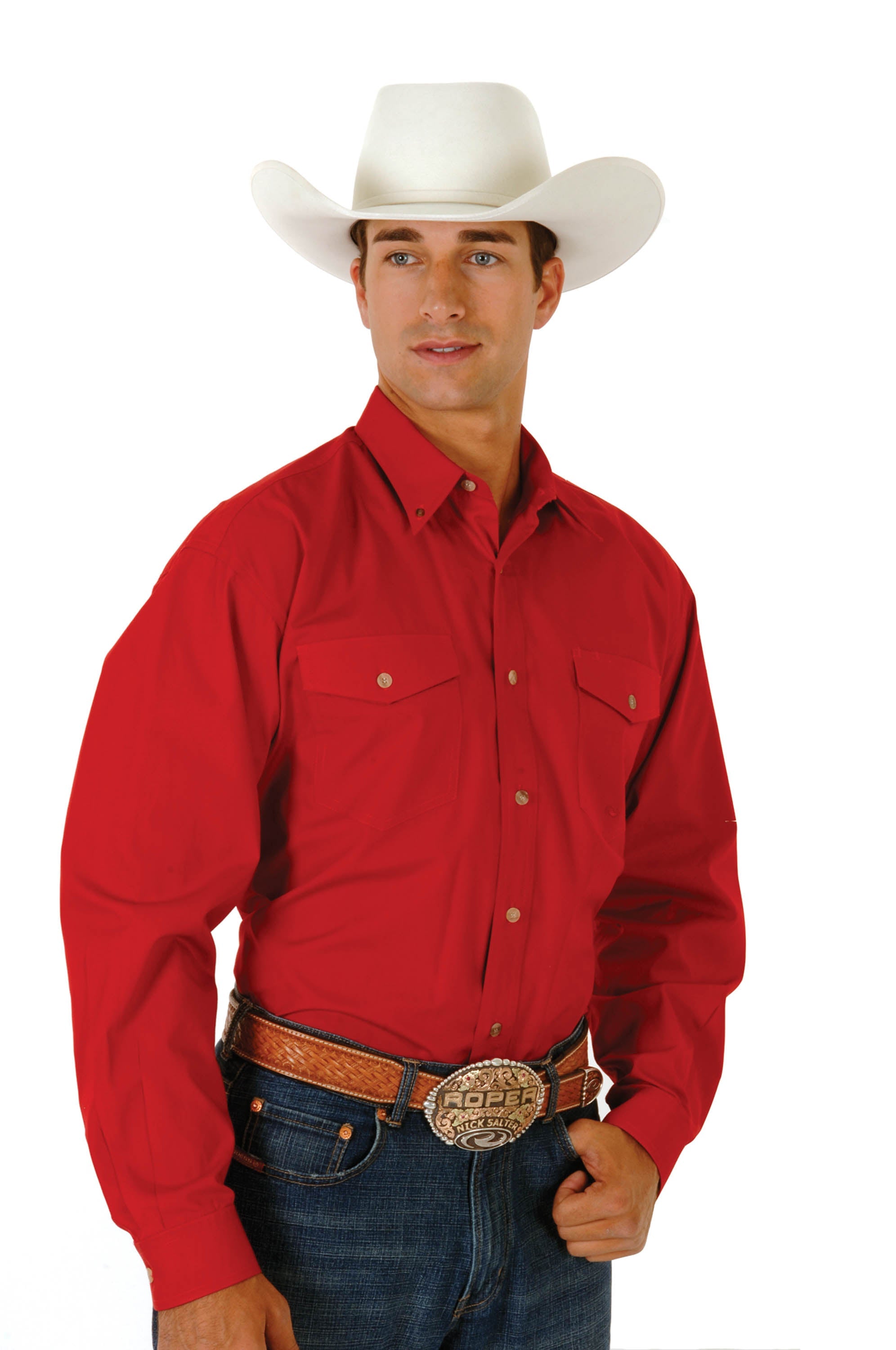 Roper Mens Red Solid Long Sleeve Western Button Shirt
