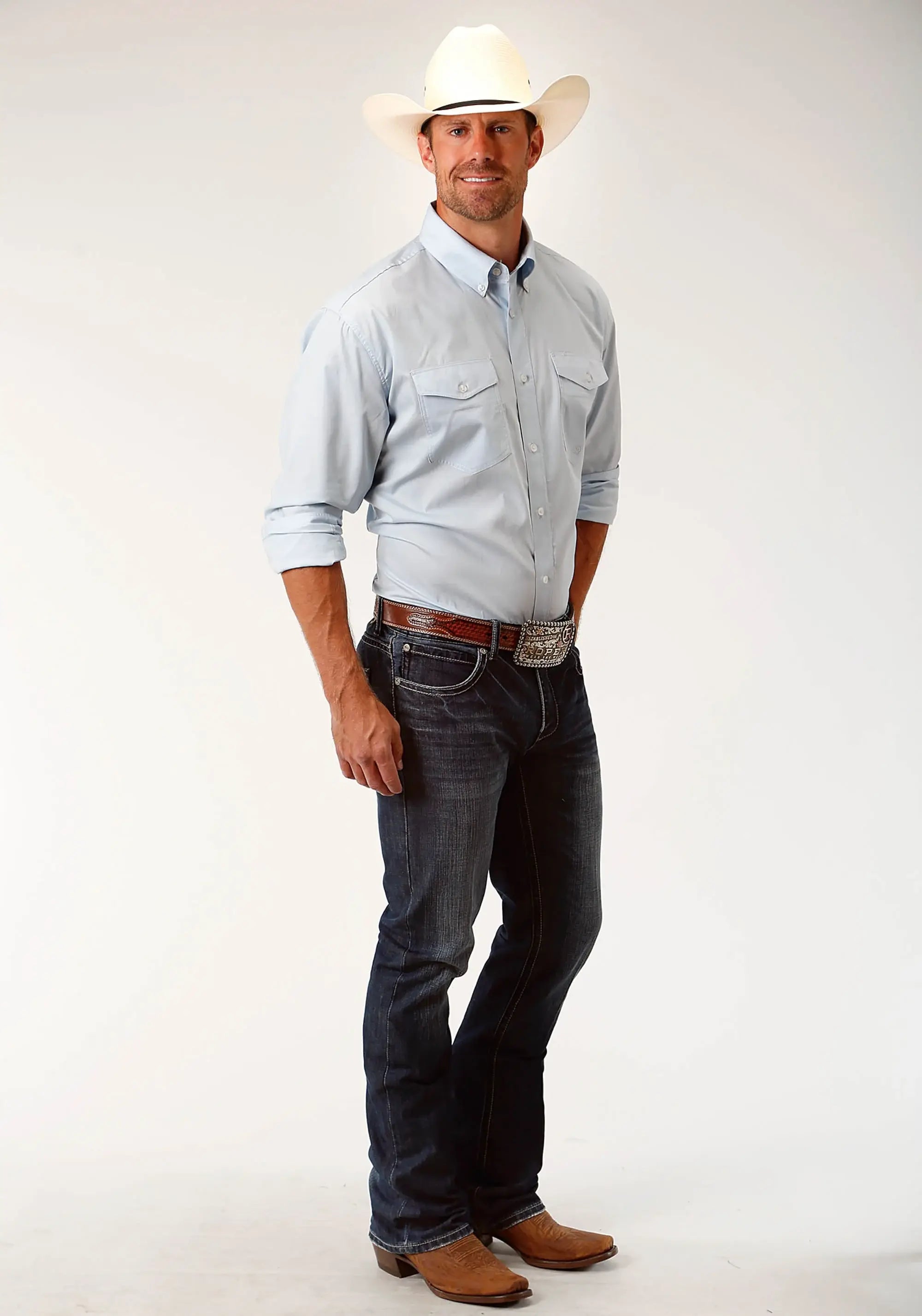 Roper Mens Blue Solid Long Sleeve Western Button Shirt - Roper - Flyclothing LLC