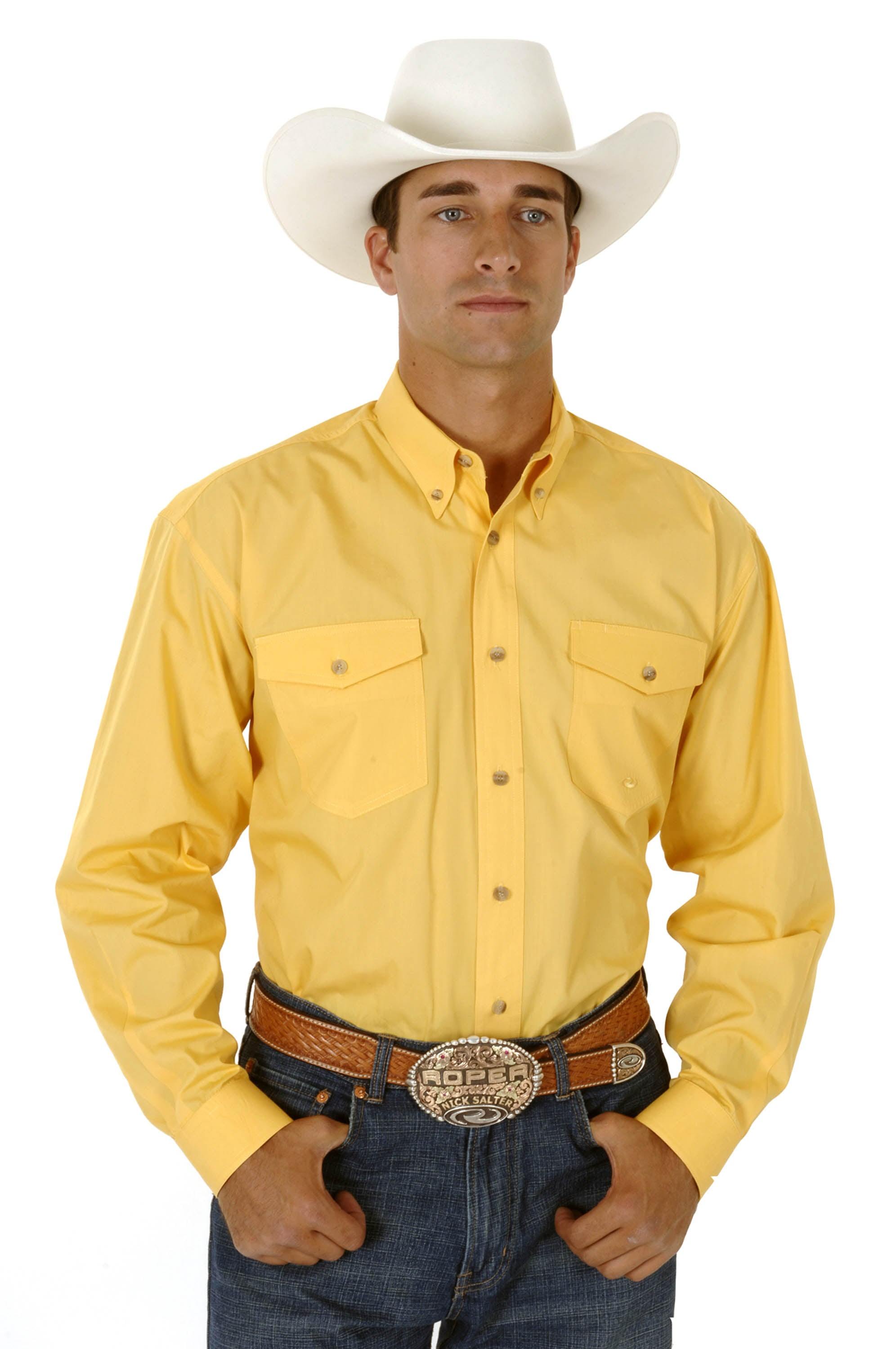 Roper Mens Yellow Solid Long Sleeve Western Button Shirt - Roper